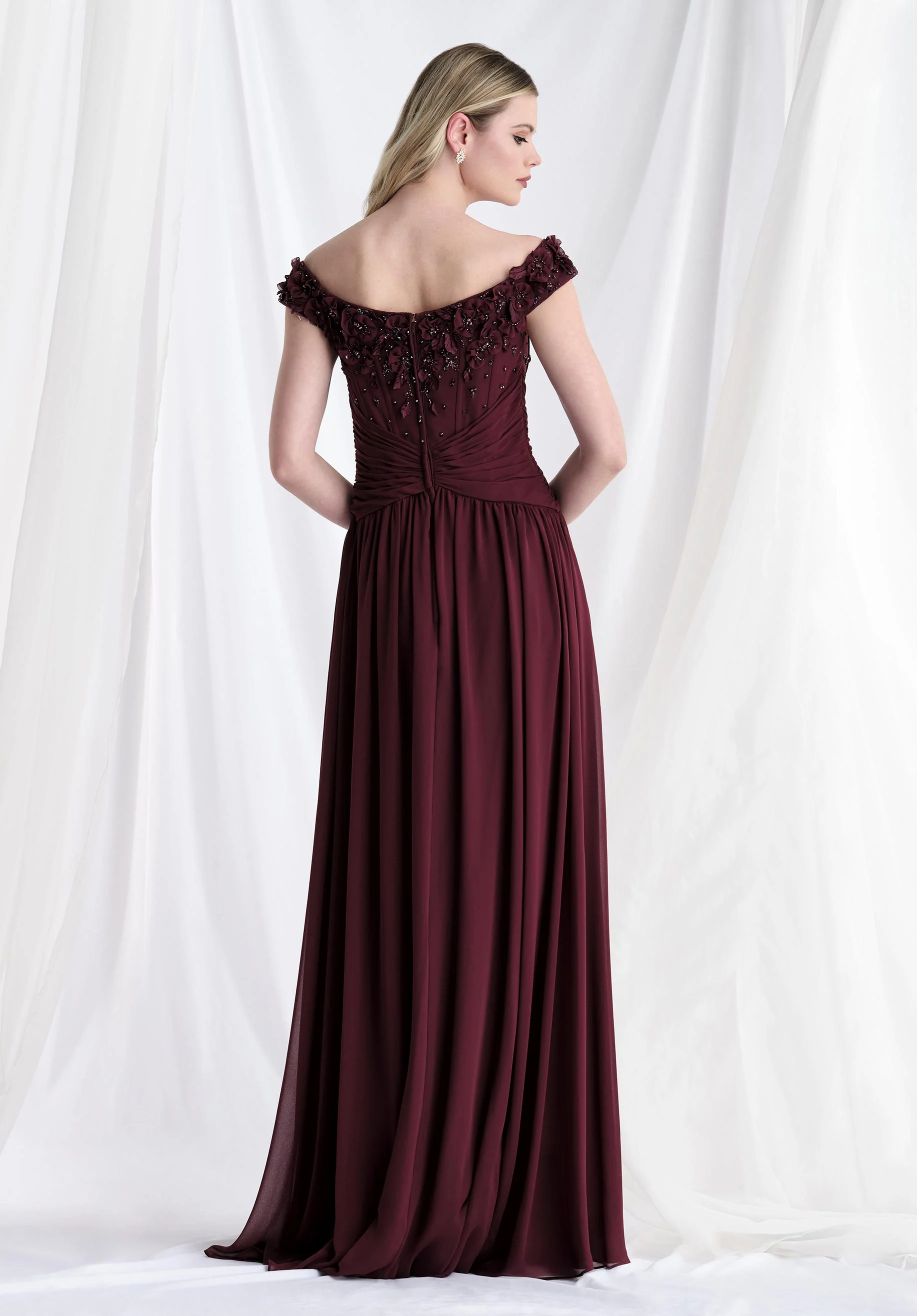 Ruched Chiffon Evening Gown with Chiffon and Organza Florals - Image 4