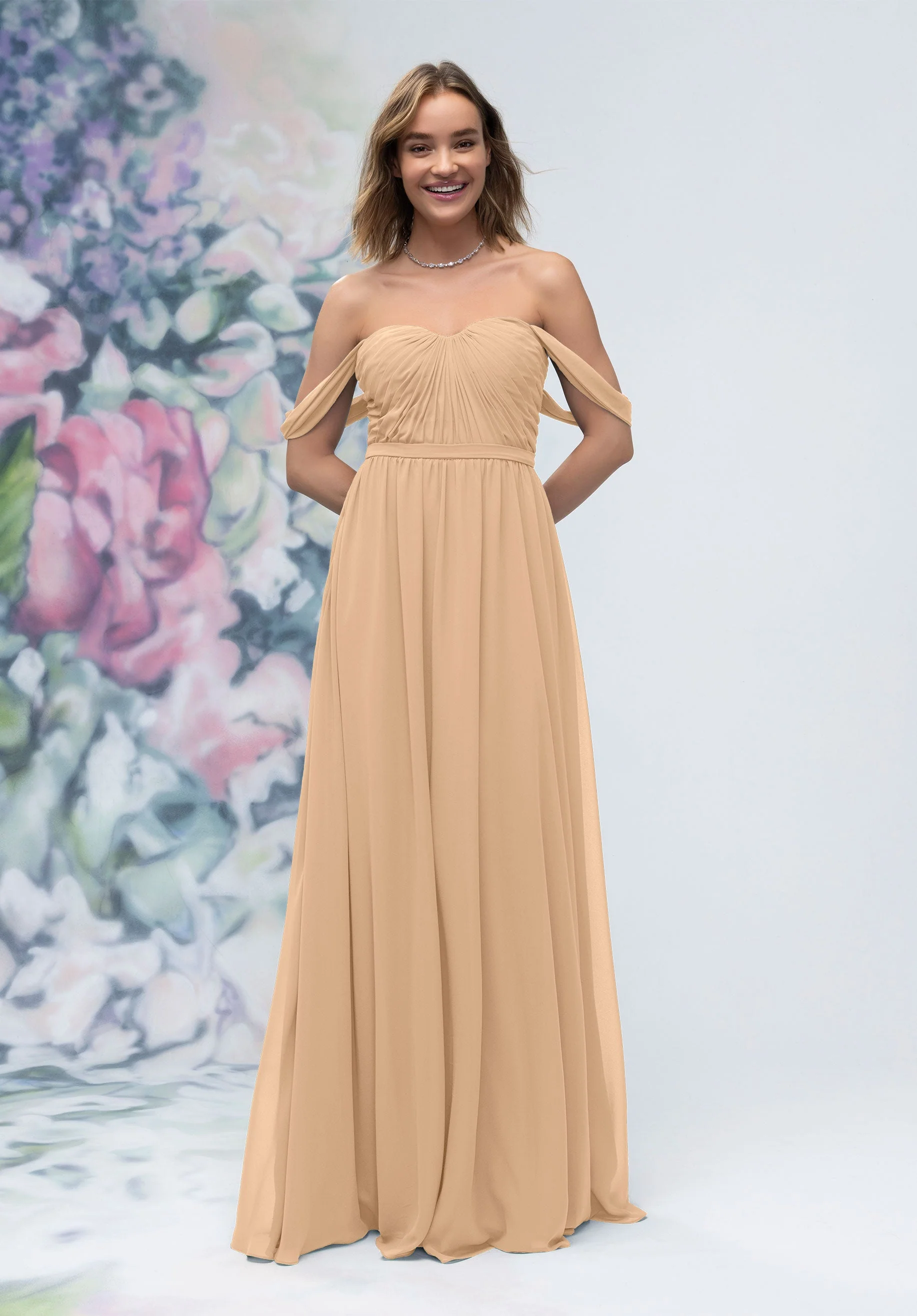 Ruched Sweetheart Chiffon Bridesmaid Dress with Off The Shoulder Sleeves - Image 15