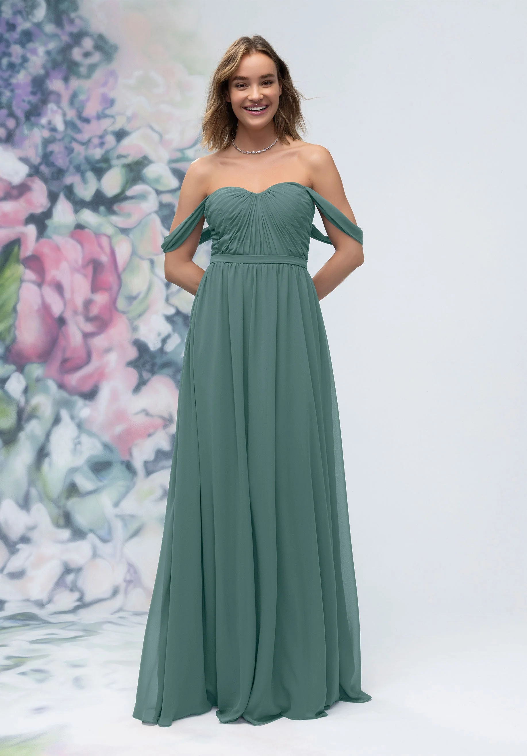 Ruched Sweetheart Chiffon Bridesmaid Dress with Off The Shoulder Sleeves - Image 20