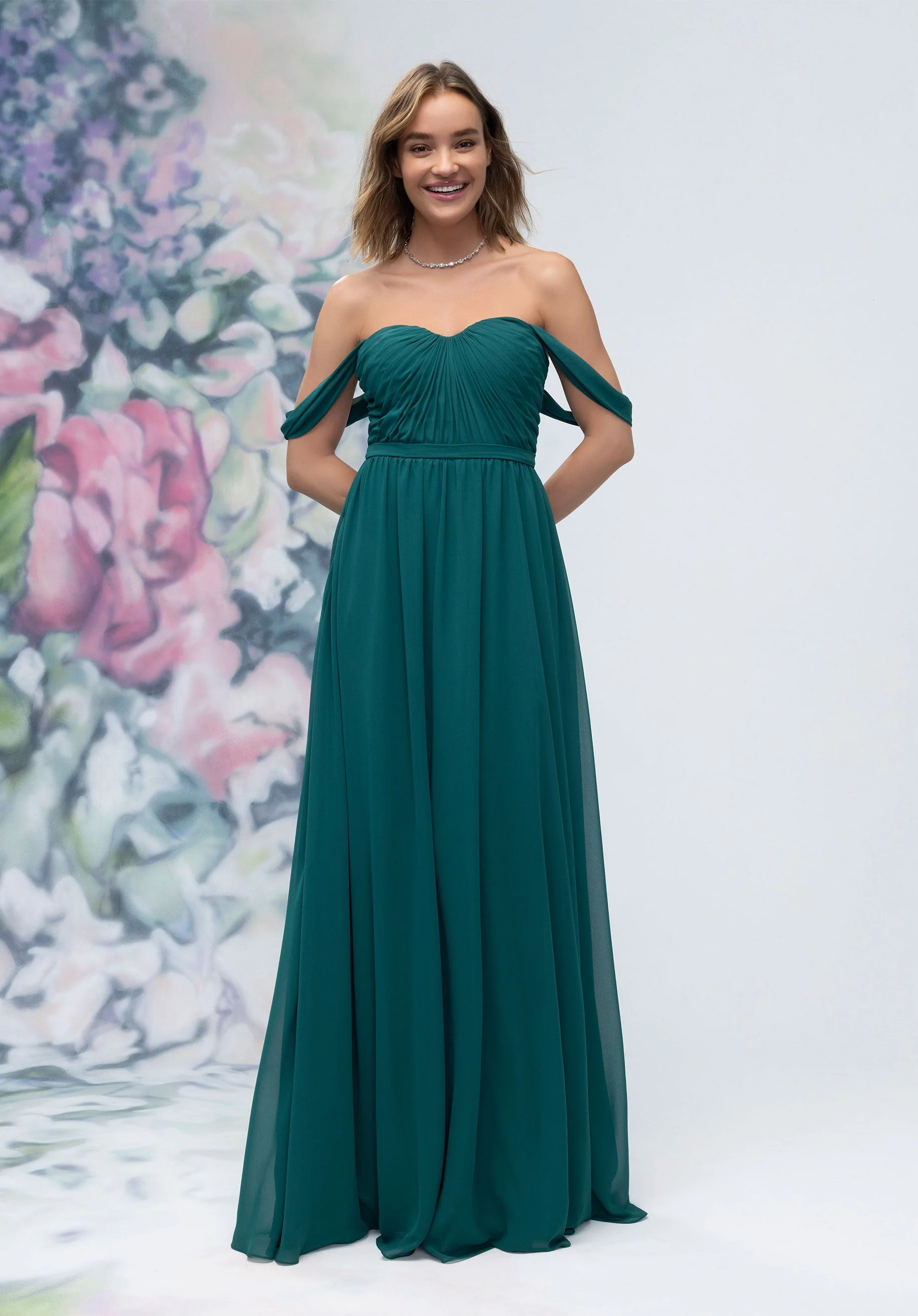 Ruched Sweetheart Chiffon Bridesmaid Dress with Off The Shoulder Sleeves - Image 26