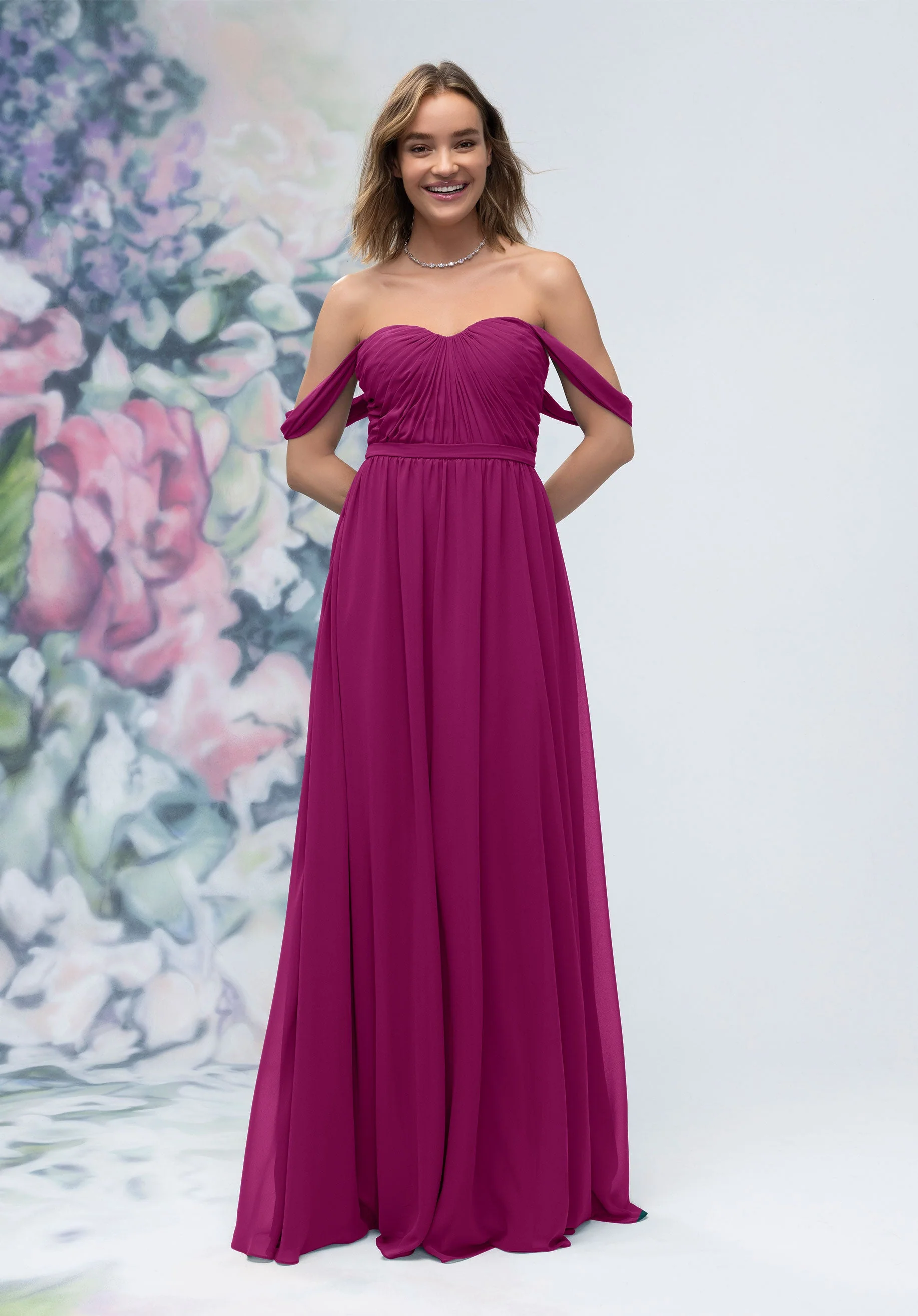 Ruched Sweetheart Chiffon Bridesmaid Dress with Off The Shoulder Sleeves - Image 36