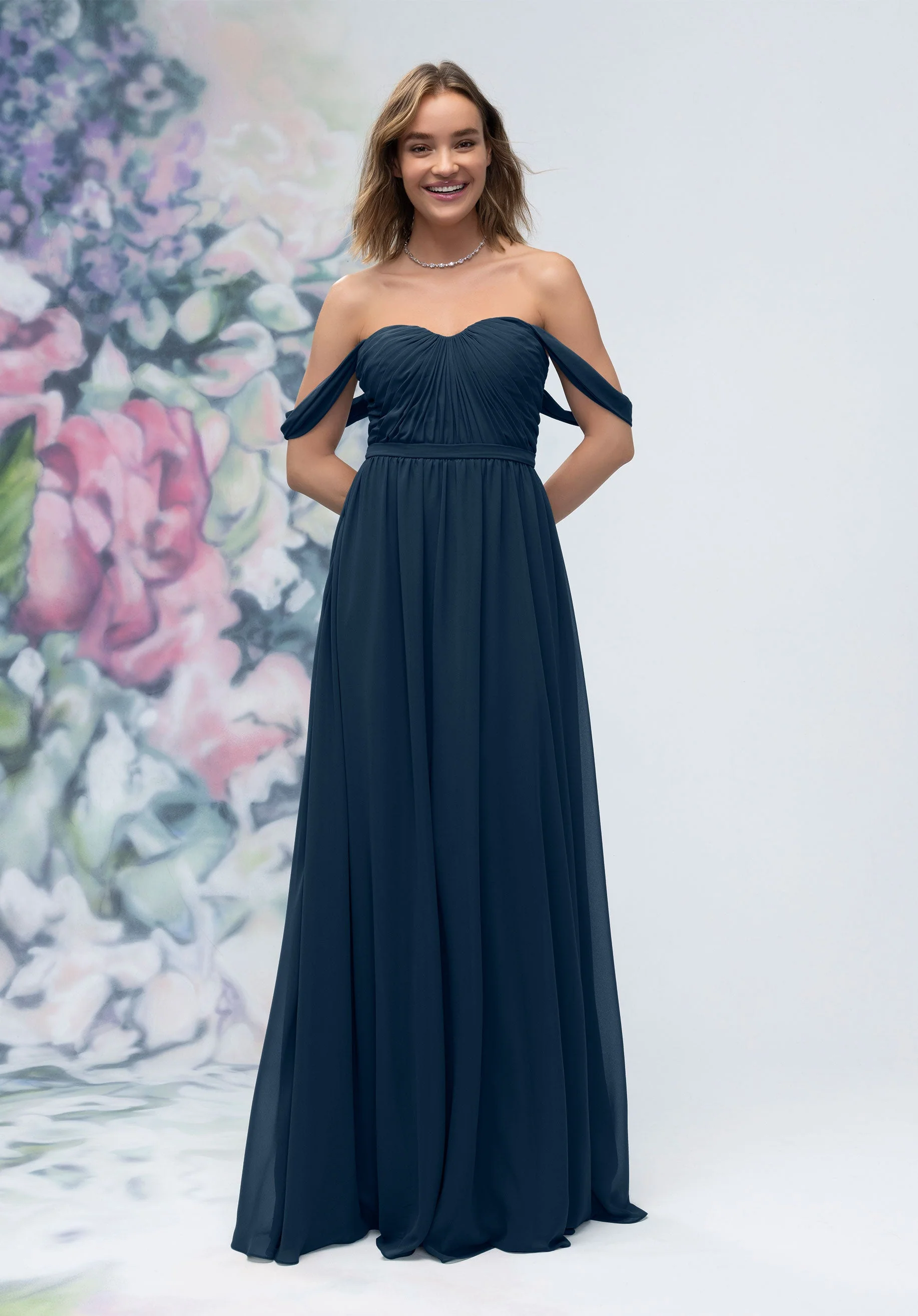 Ruched Sweetheart Chiffon Bridesmaid Dress with Off The Shoulder Sleeves - Image 37