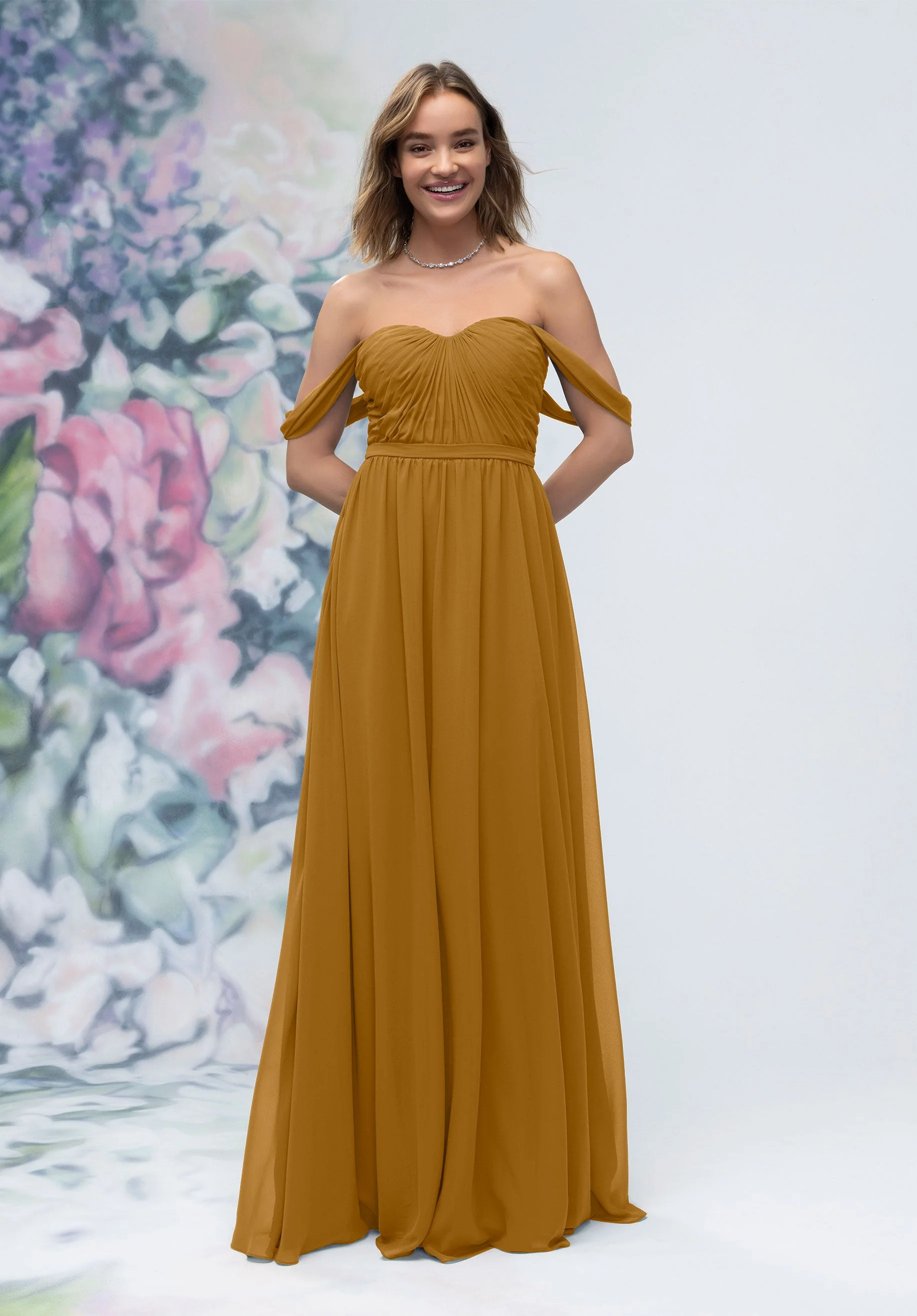 Ruched Sweetheart Chiffon Bridesmaid Dress with Off The Shoulder Sleeves - Image 42