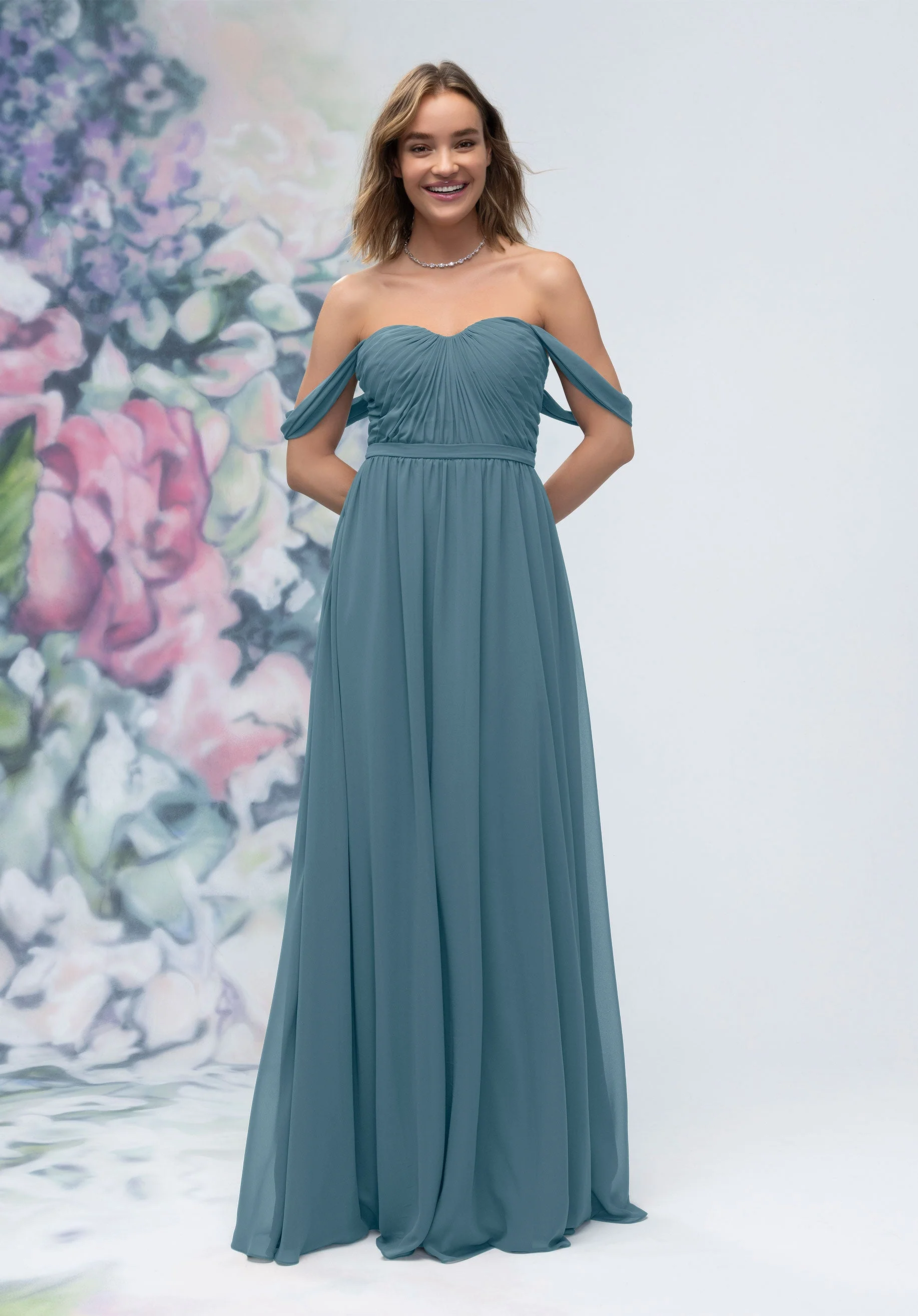 Ruched Sweetheart Chiffon Bridesmaid Dress with Off The Shoulder Sleeves - Image 47