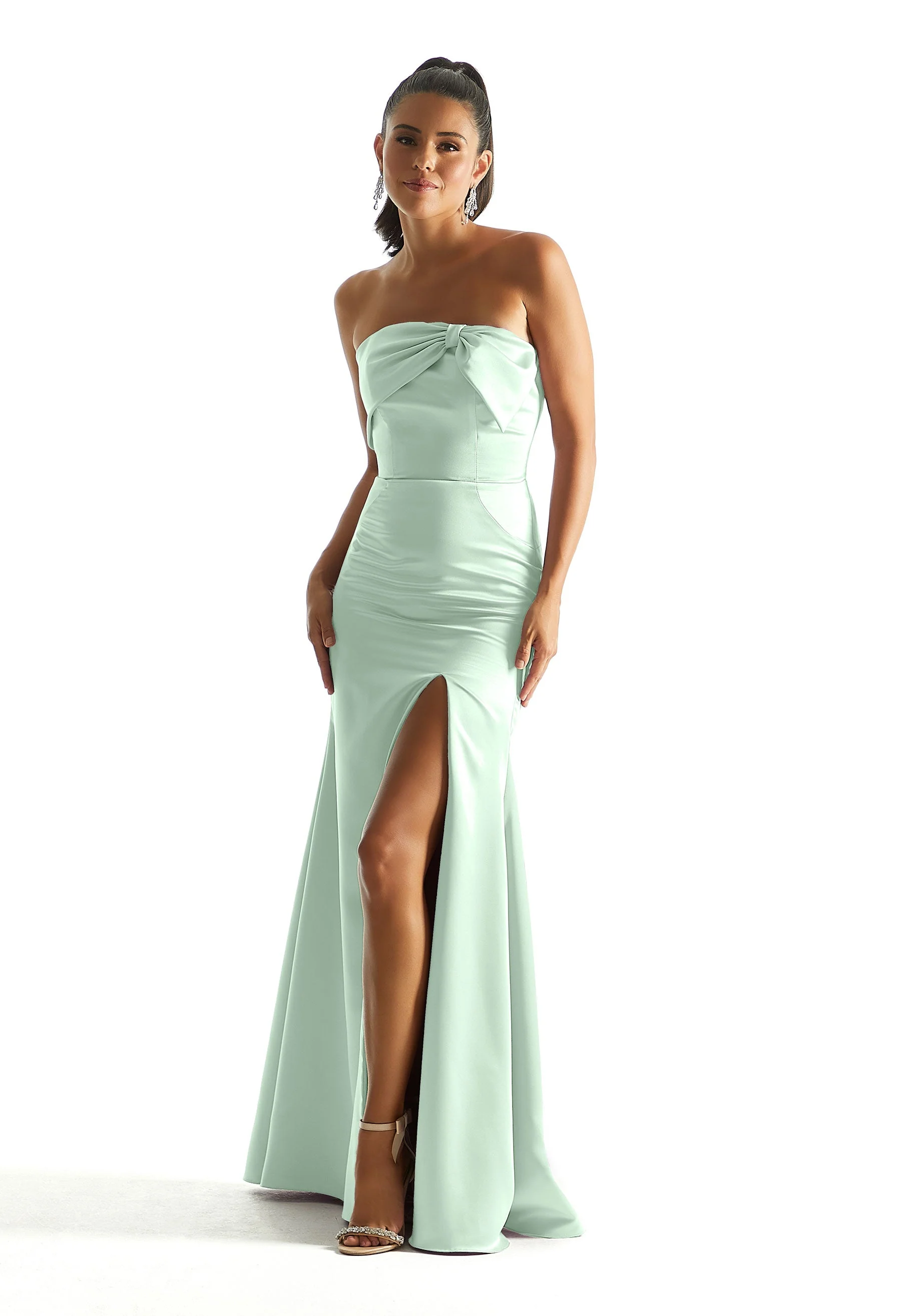 Satin Fit and Flare Bridesmaid Dress with Bow Neckline - Image 47