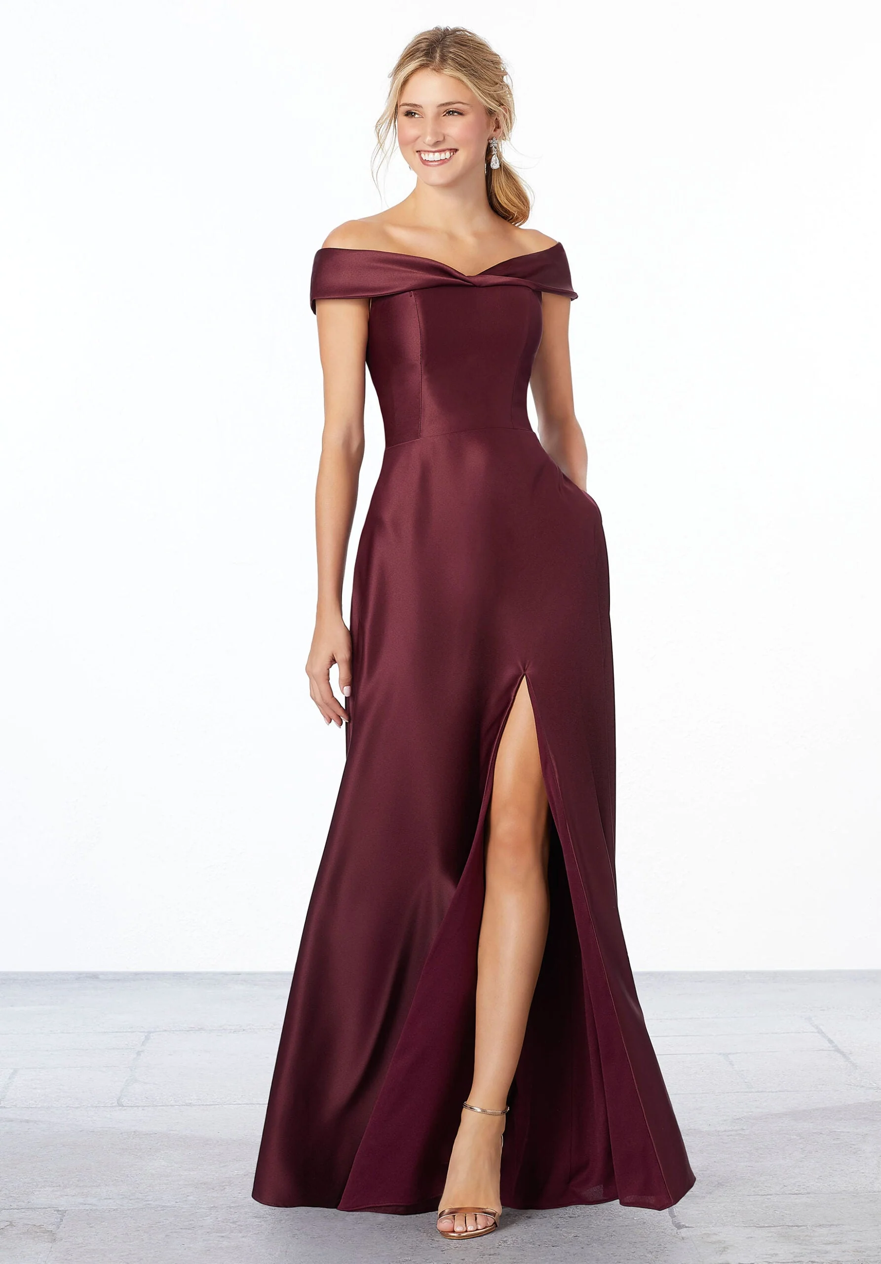 Satin Off-The-Shoulder Bridesmaid Dress - Image 38
