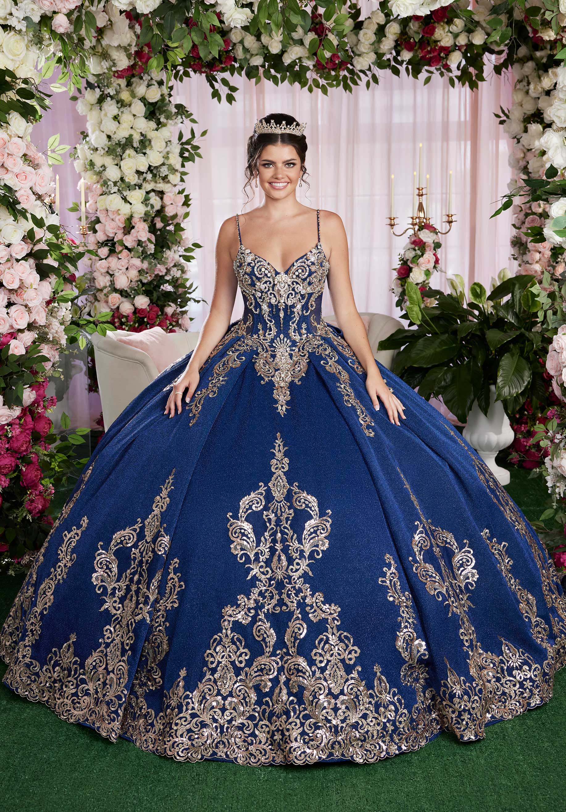 Sequin Embroidered Metallic Quinceañera Dress with Cape - Image 3