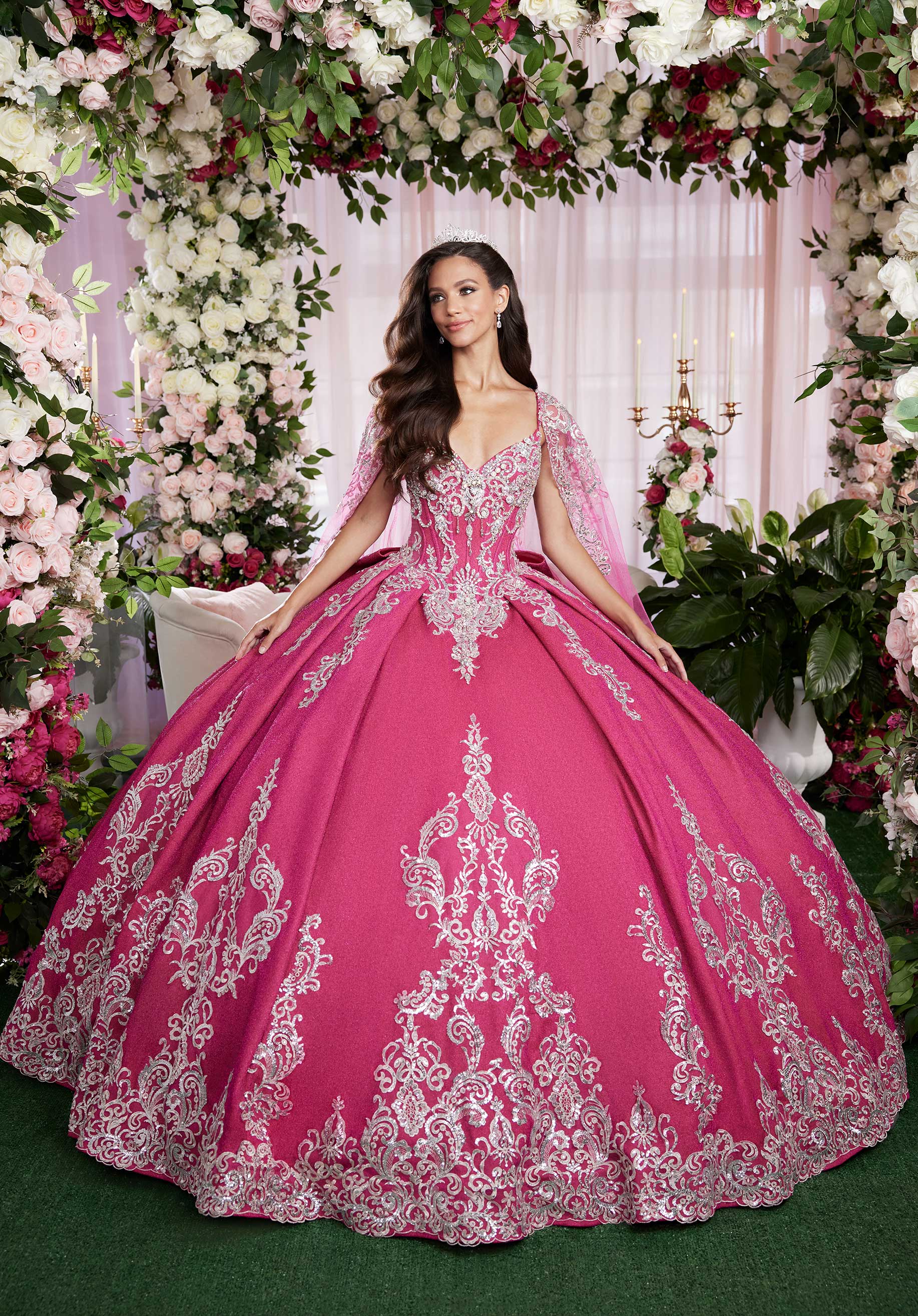 Sequin Embroidered Metallic Quinceañera Dress with Cape - Image 6