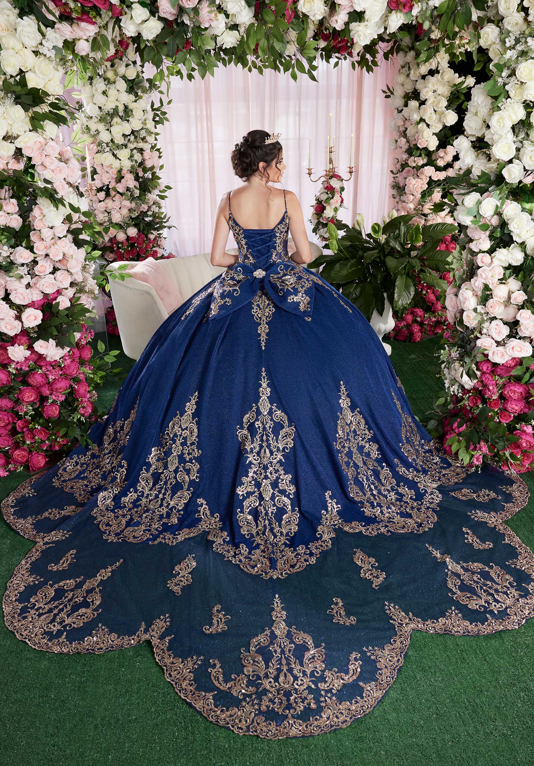 Sequin Embroidered Metallic Quinceañera Dress with Cape - Image 9
