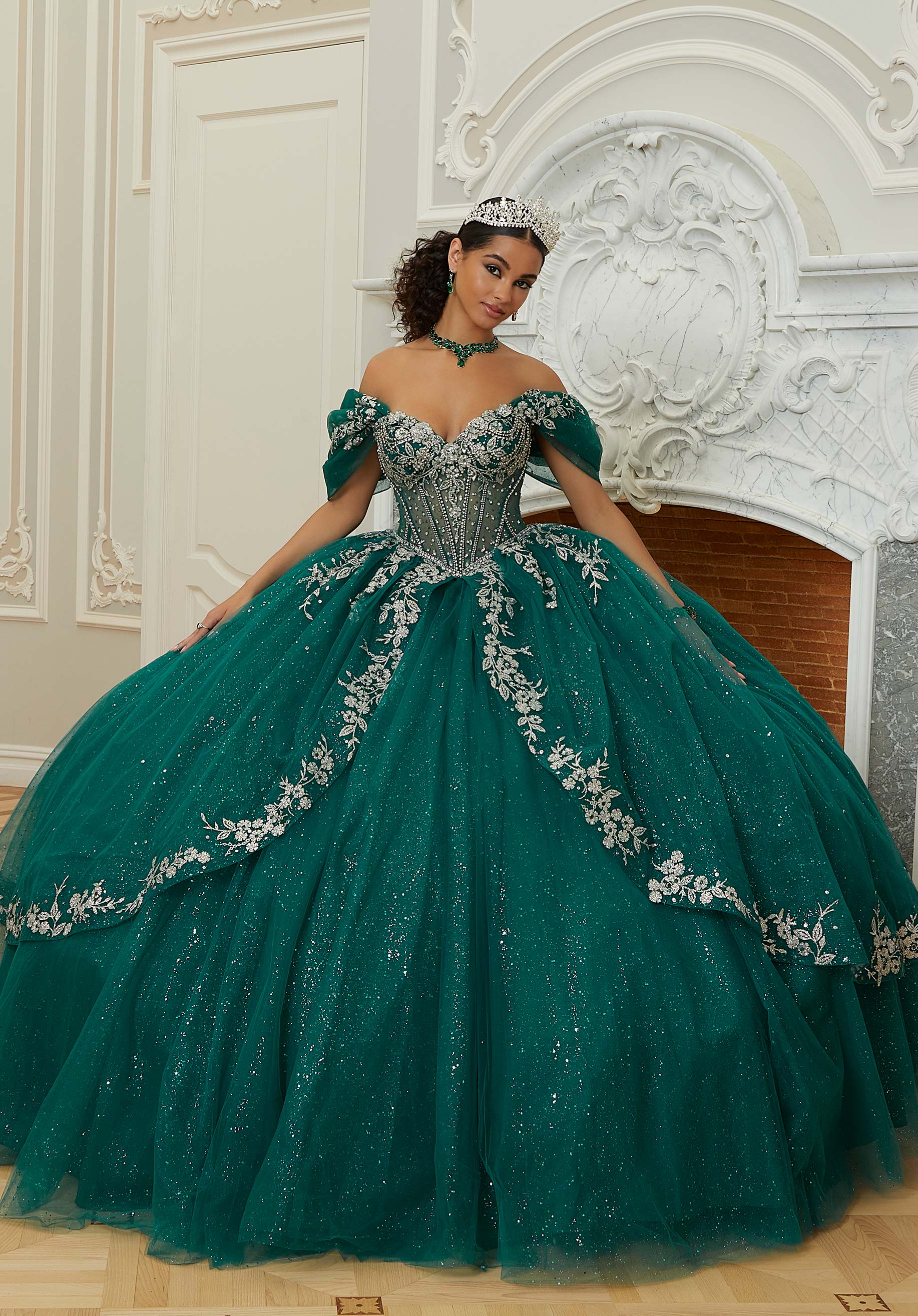 Sheer Chandelier Beaded Floral Glitter Quinceañera Dress - Image 3