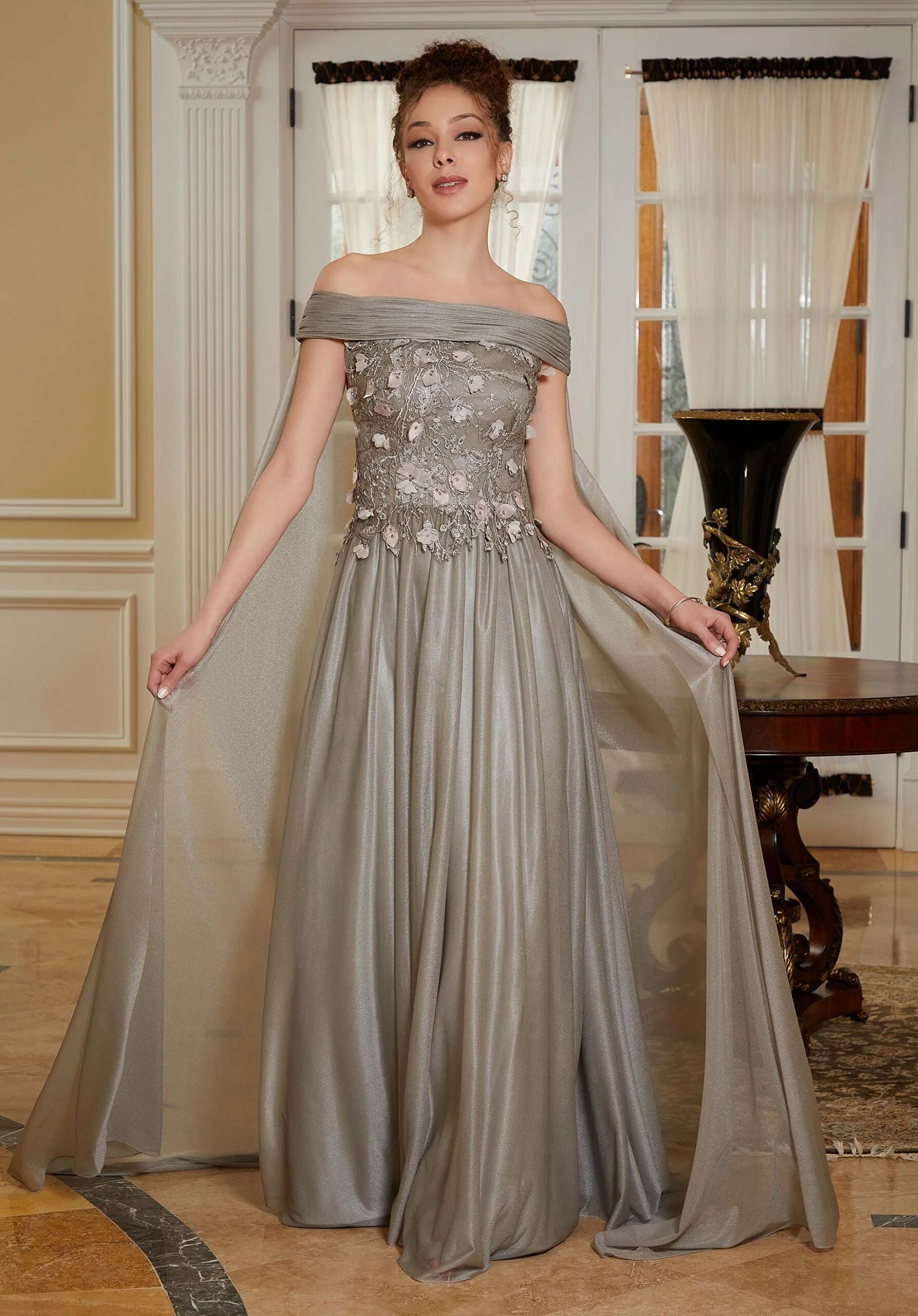 Shimmer Mesh A-line Evening Gown with Cape - Image 5