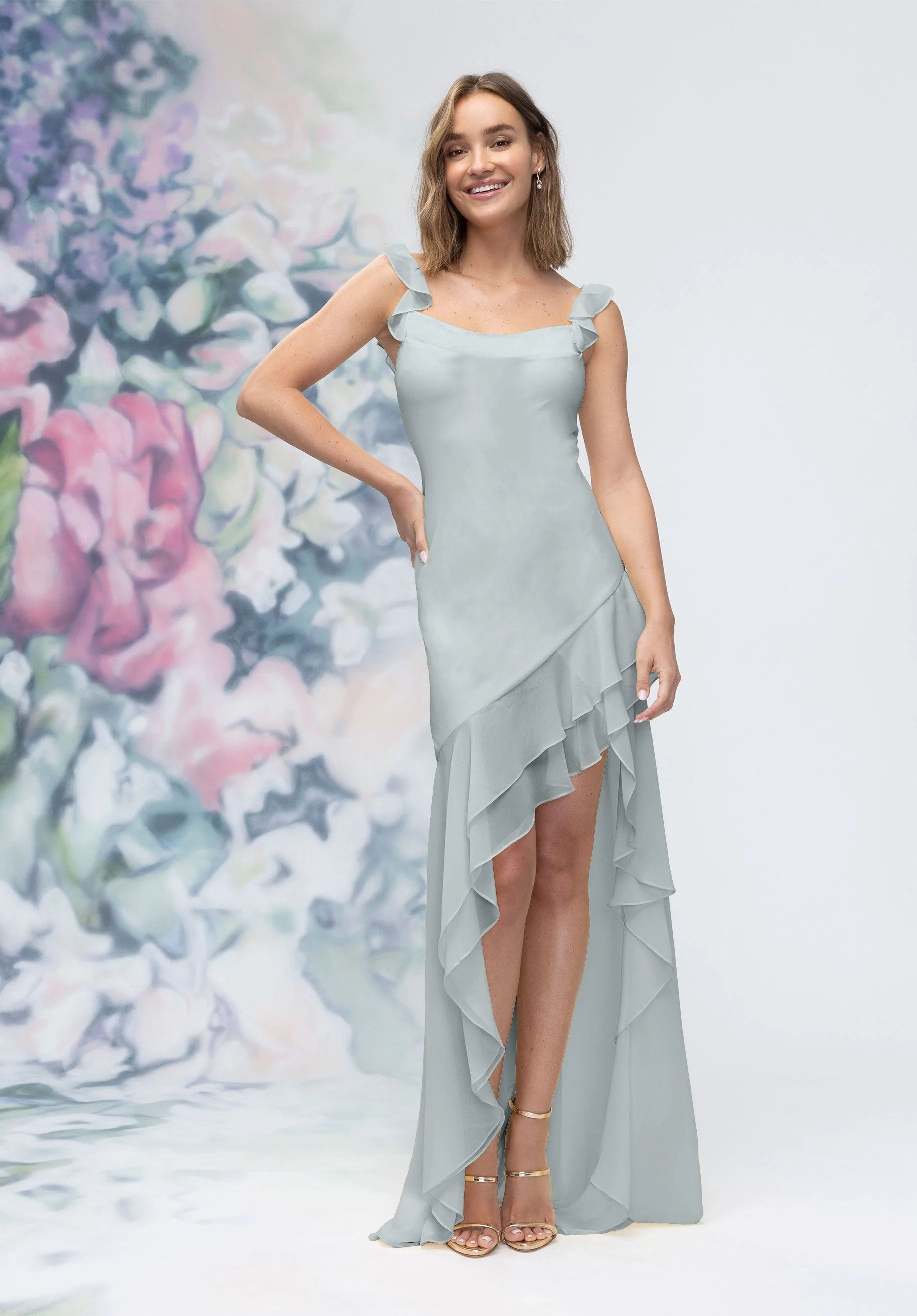 Soft Cowl Chiffon Bridesmaid Dress with Asymmetric Ruffle Skirt - Image 23