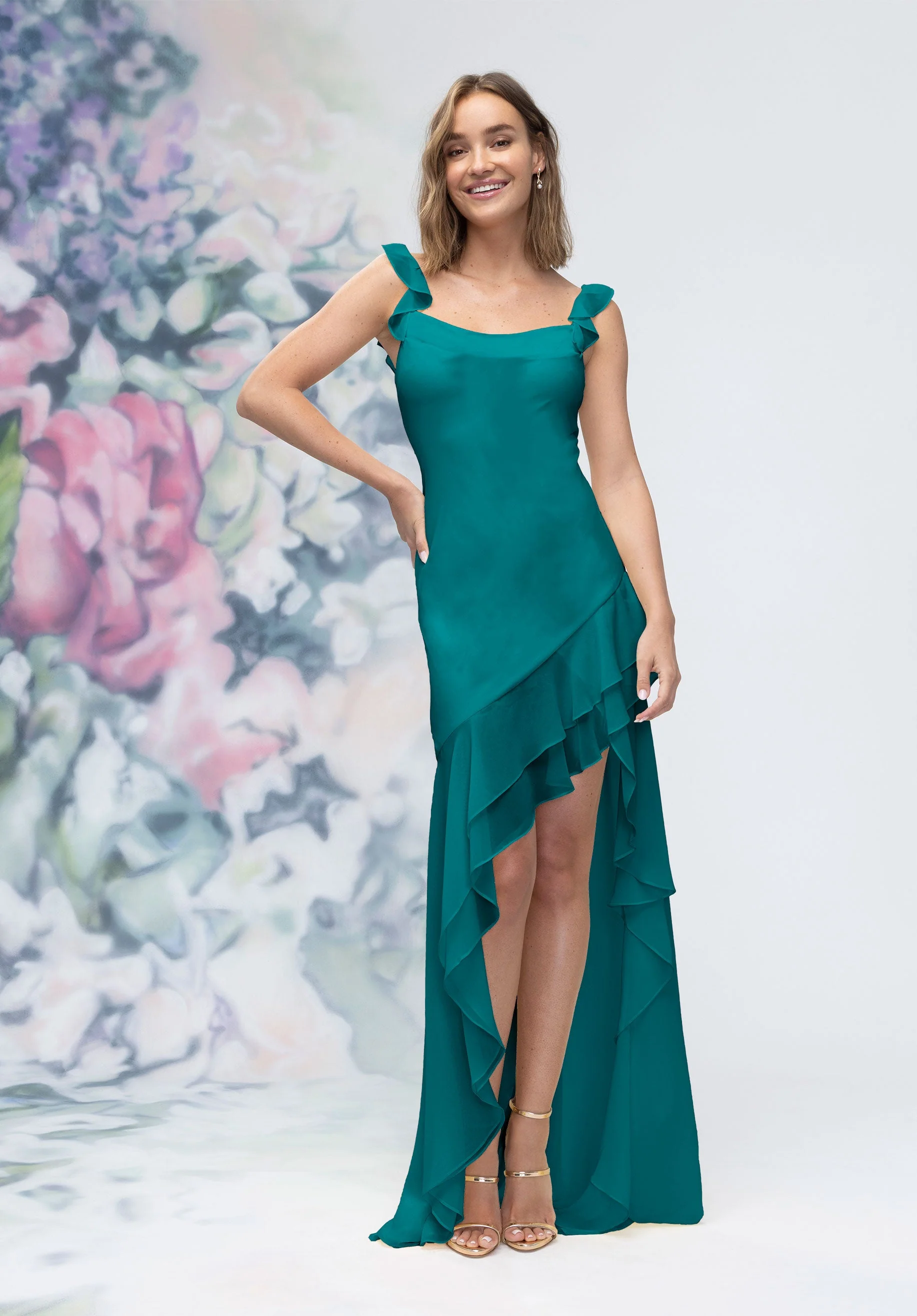 Soft Cowl Chiffon Bridesmaid Dress with Asymmetric Ruffle Skirt - Image 52