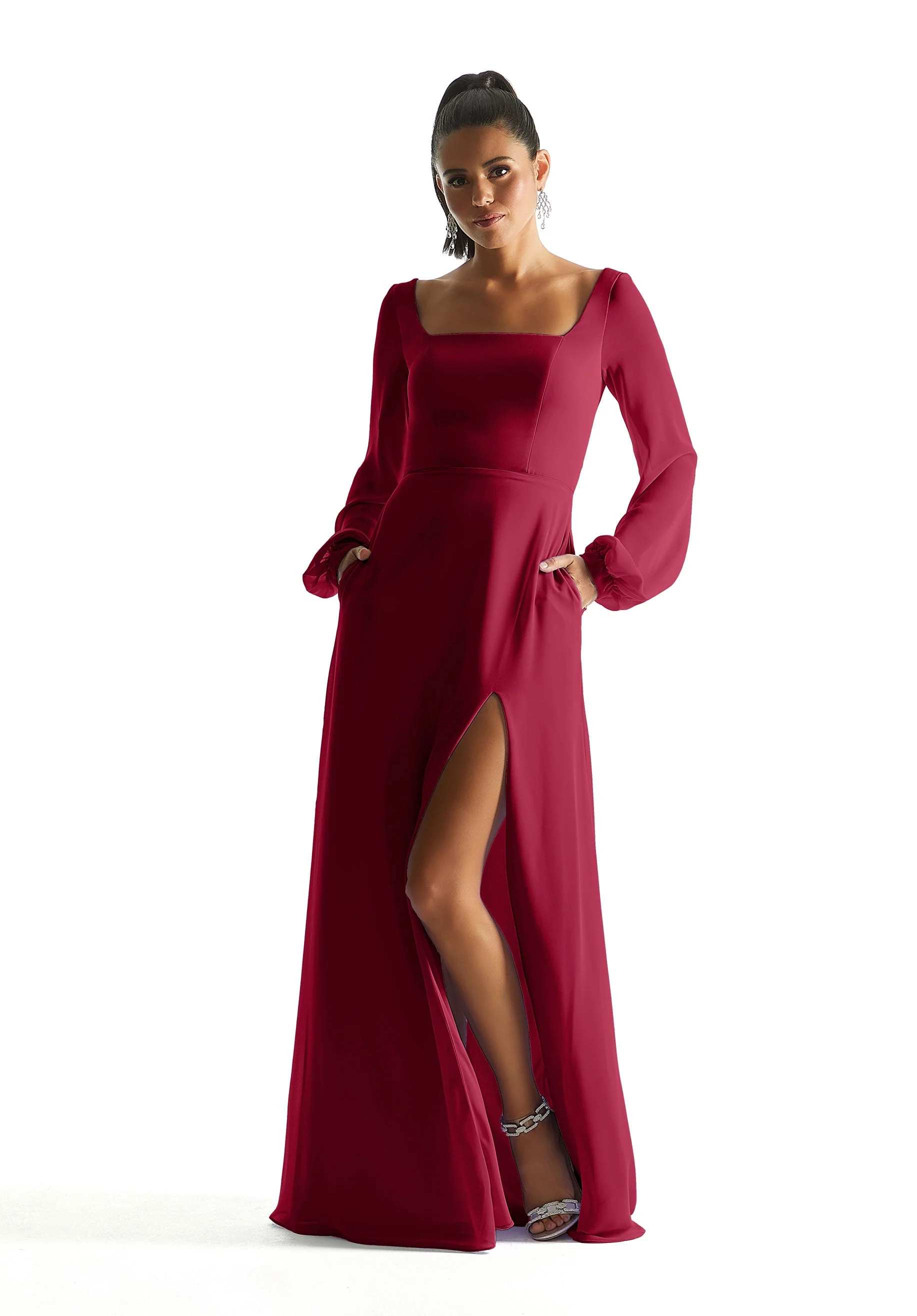 Square Neck Chiffon Bridesmaid Dress with Bow - Image 26