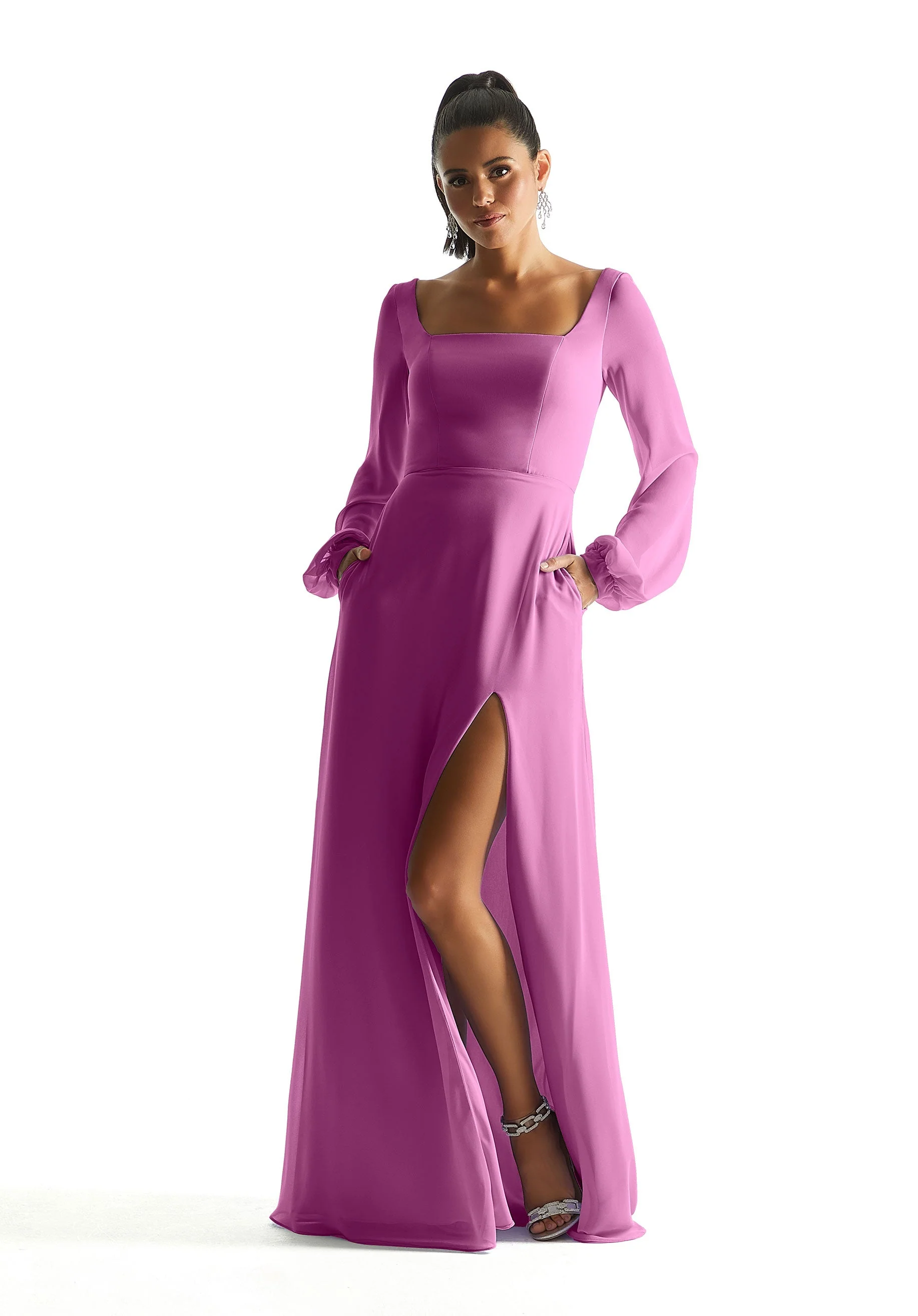 Square Neck Chiffon Bridesmaid Dress with Bow - Image 45