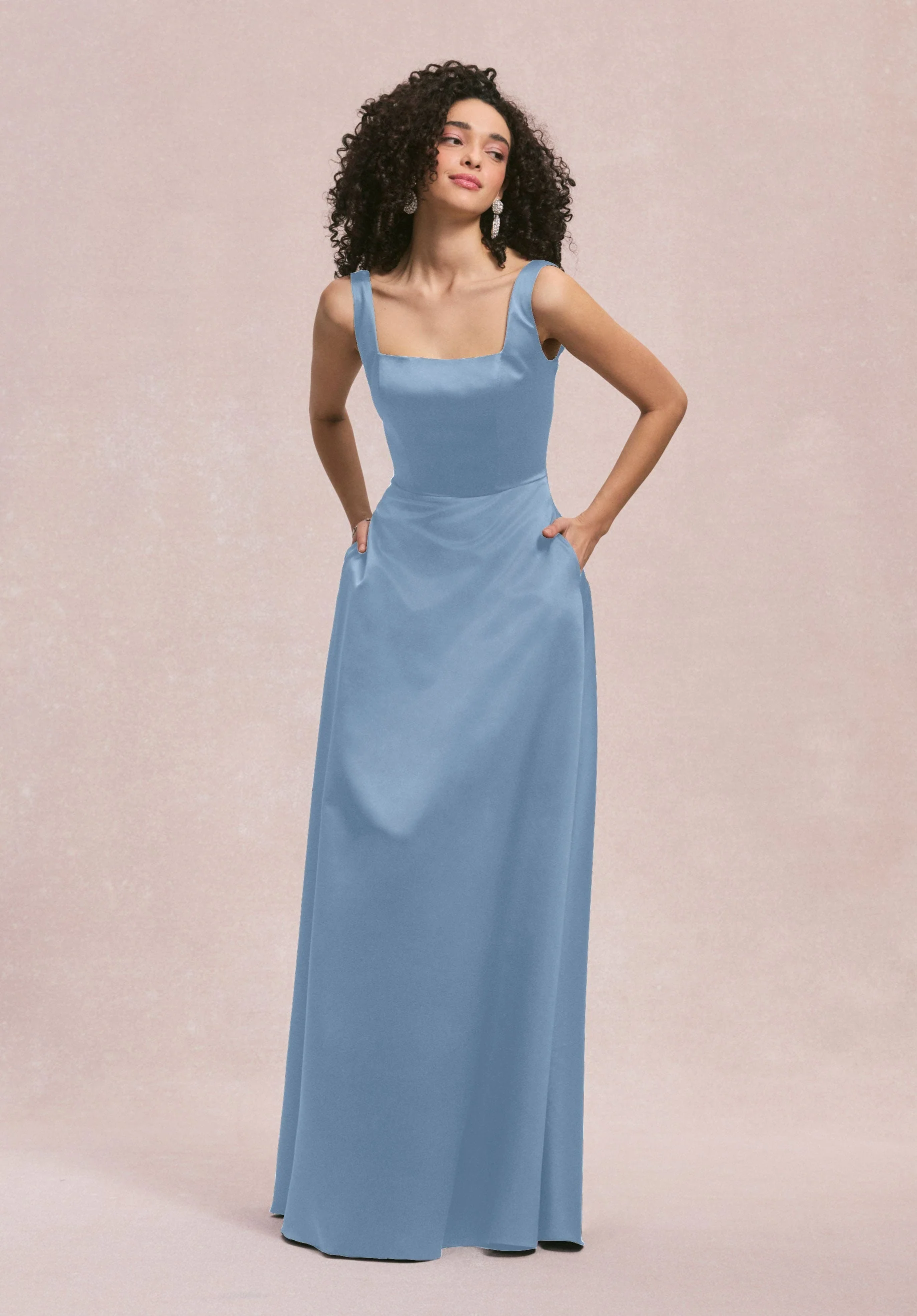 Square Neck Satin Bridesmaid Dress with Detachable Bow - Image 21