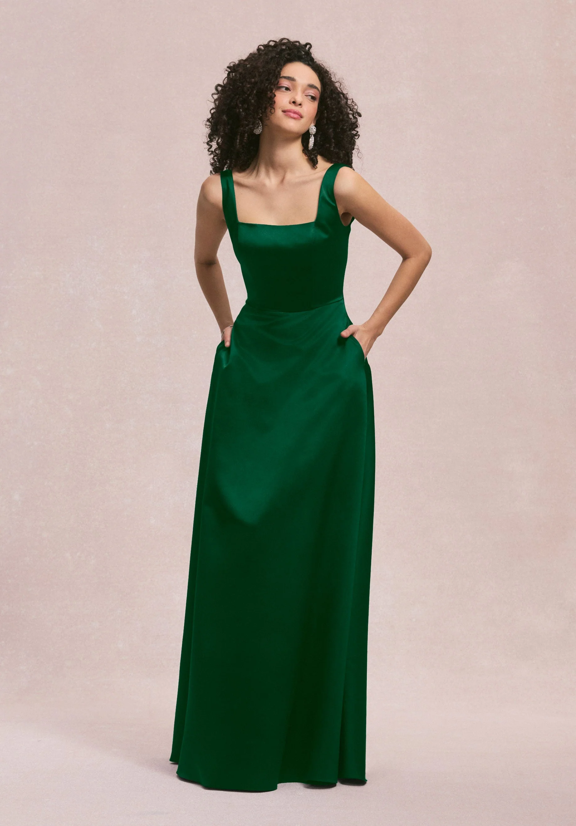 Square Neck Satin Bridesmaid Dress with Detachable Bow - Image 28