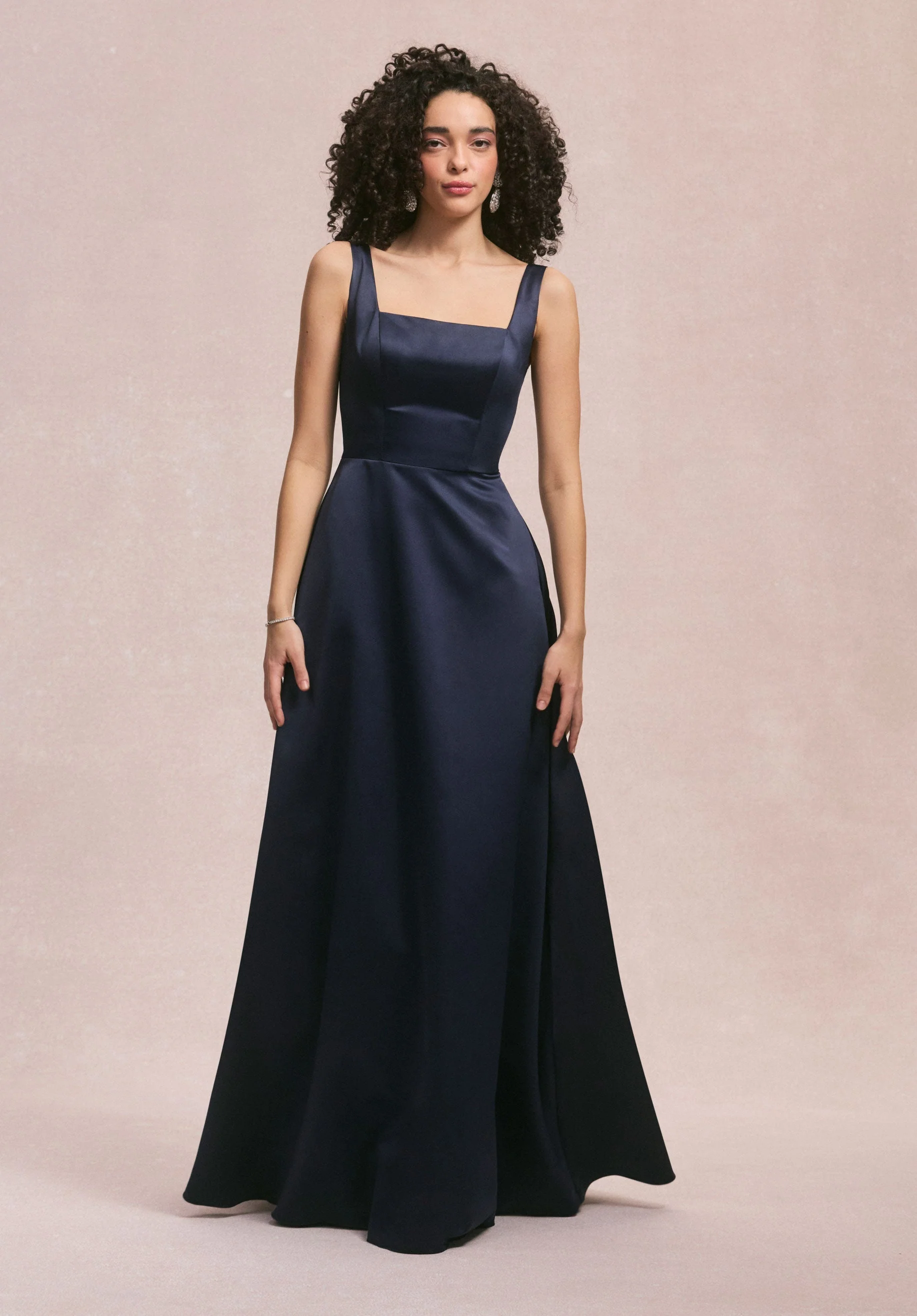 Square Neck Satin Bridesmaid Dress with Detachable Bow - Image 3