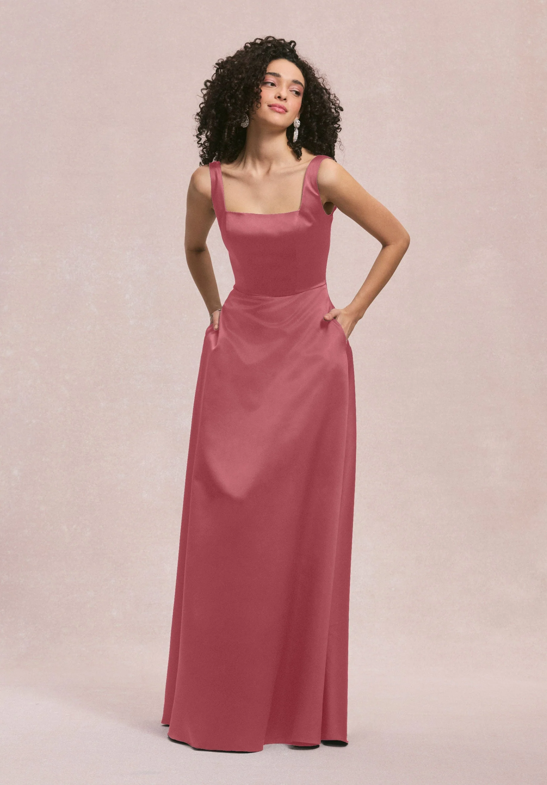 Square Neck Satin Bridesmaid Dress with Detachable Bow - Image 42