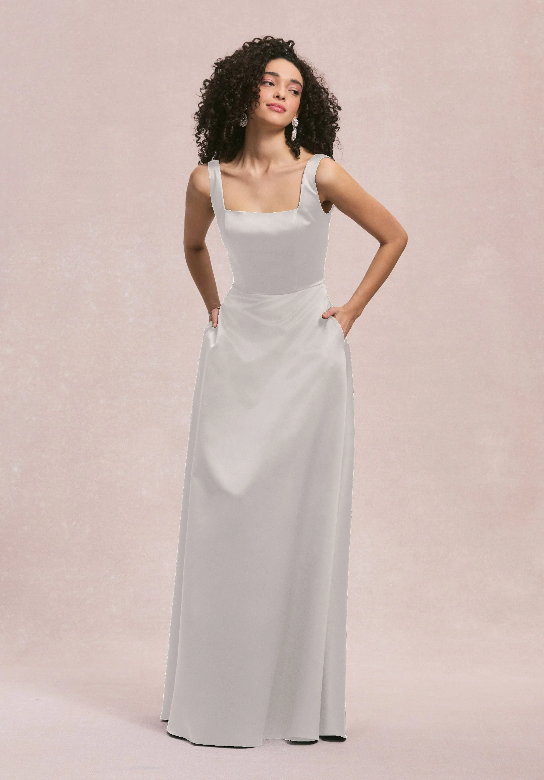 Square Neck Satin Bridesmaid Dress with Detachable Bow - Image 47