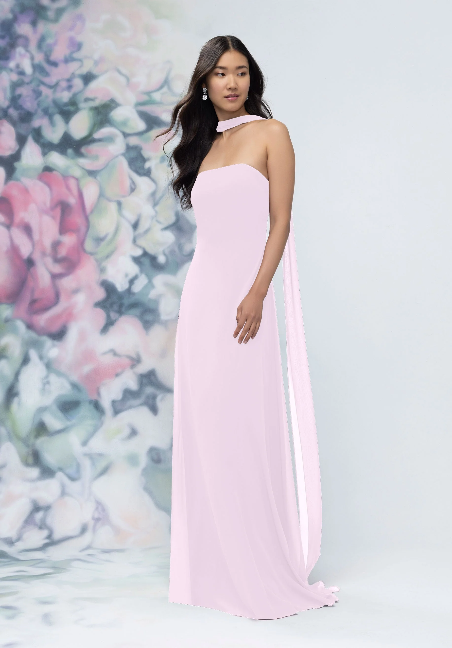 Strapless Column Chiffon Bridesmaid Dress with Neck Scarf - Image 57