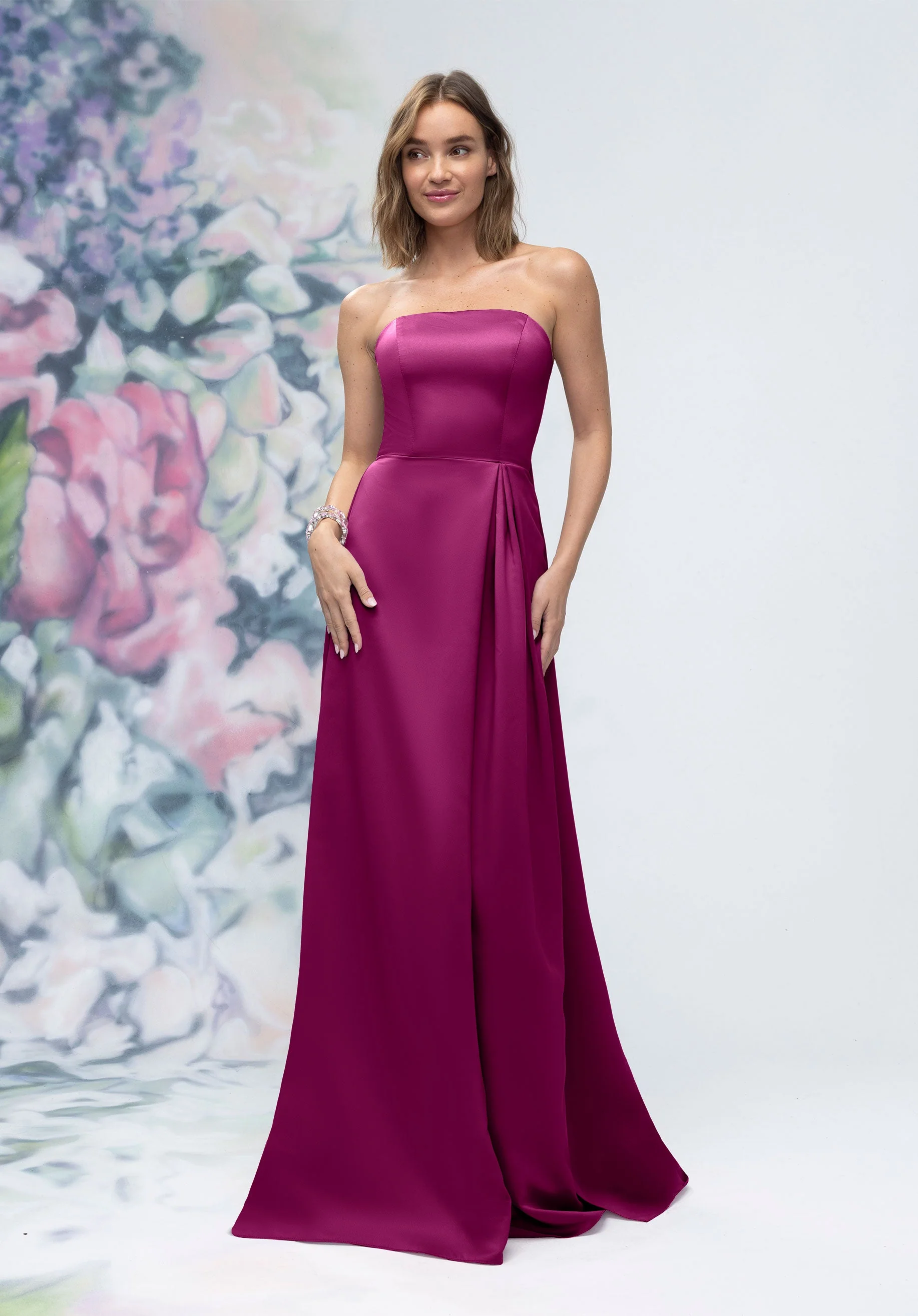 Strapless Straight Neck Satin Bridesmaid Dress with Detachable Watteau Back - Image 39