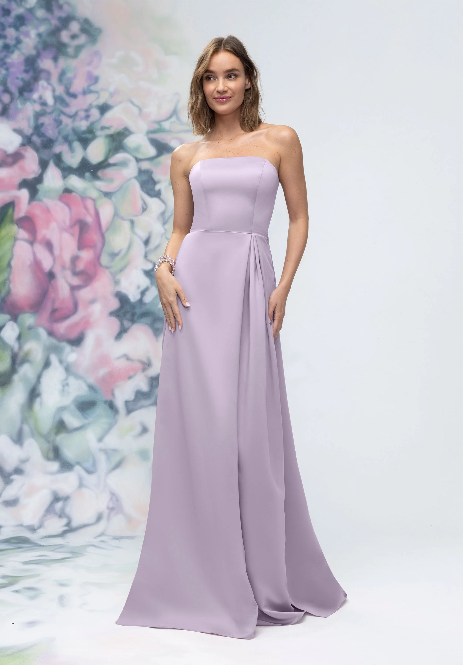 Strapless Straight Neck Satin Bridesmaid Dress with Detachable Watteau Back - Image 58