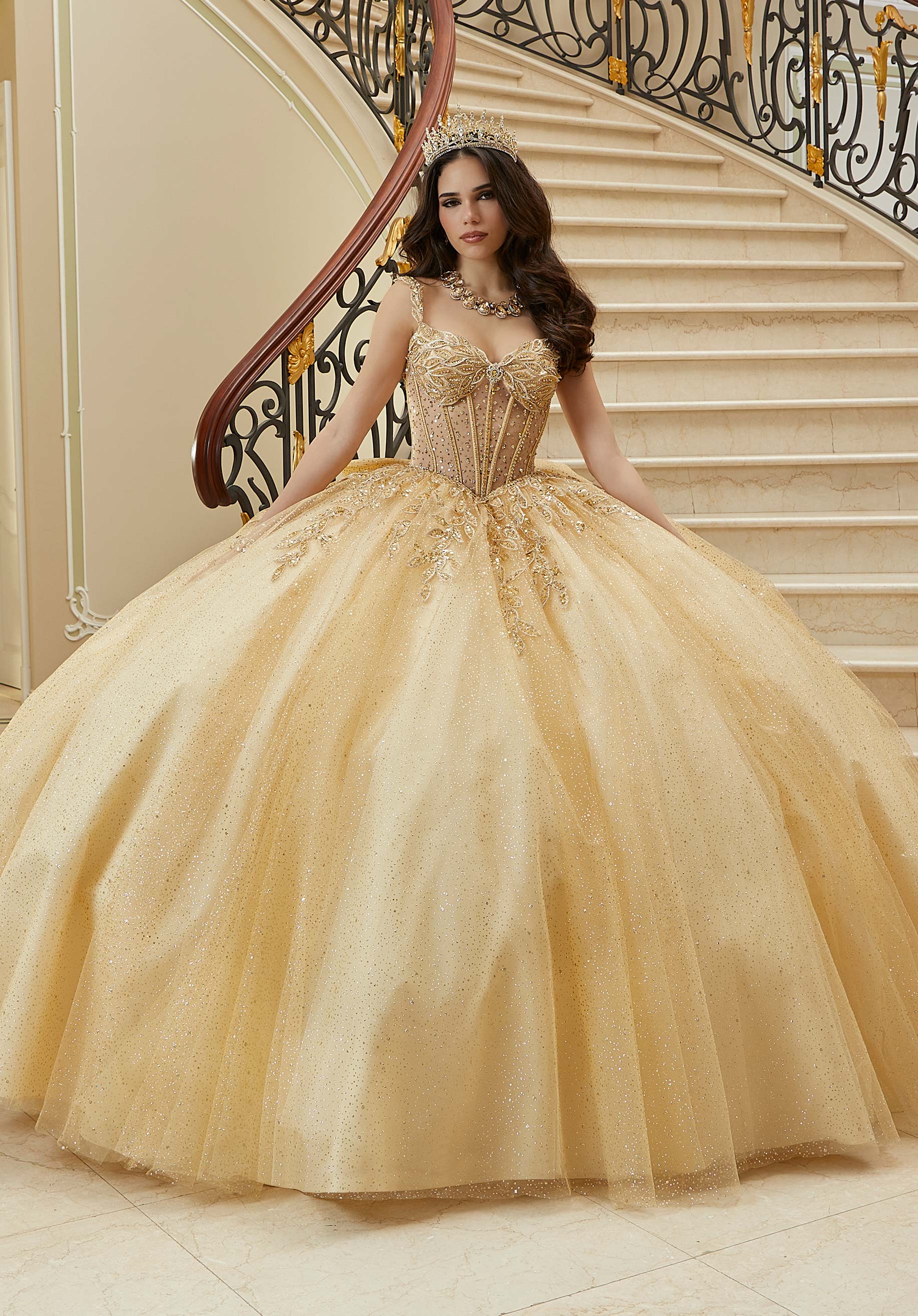 Three-Dimensional Embroidered Diamanté Beaded Quinceañera Dress with Sheer Bodice - Image 3