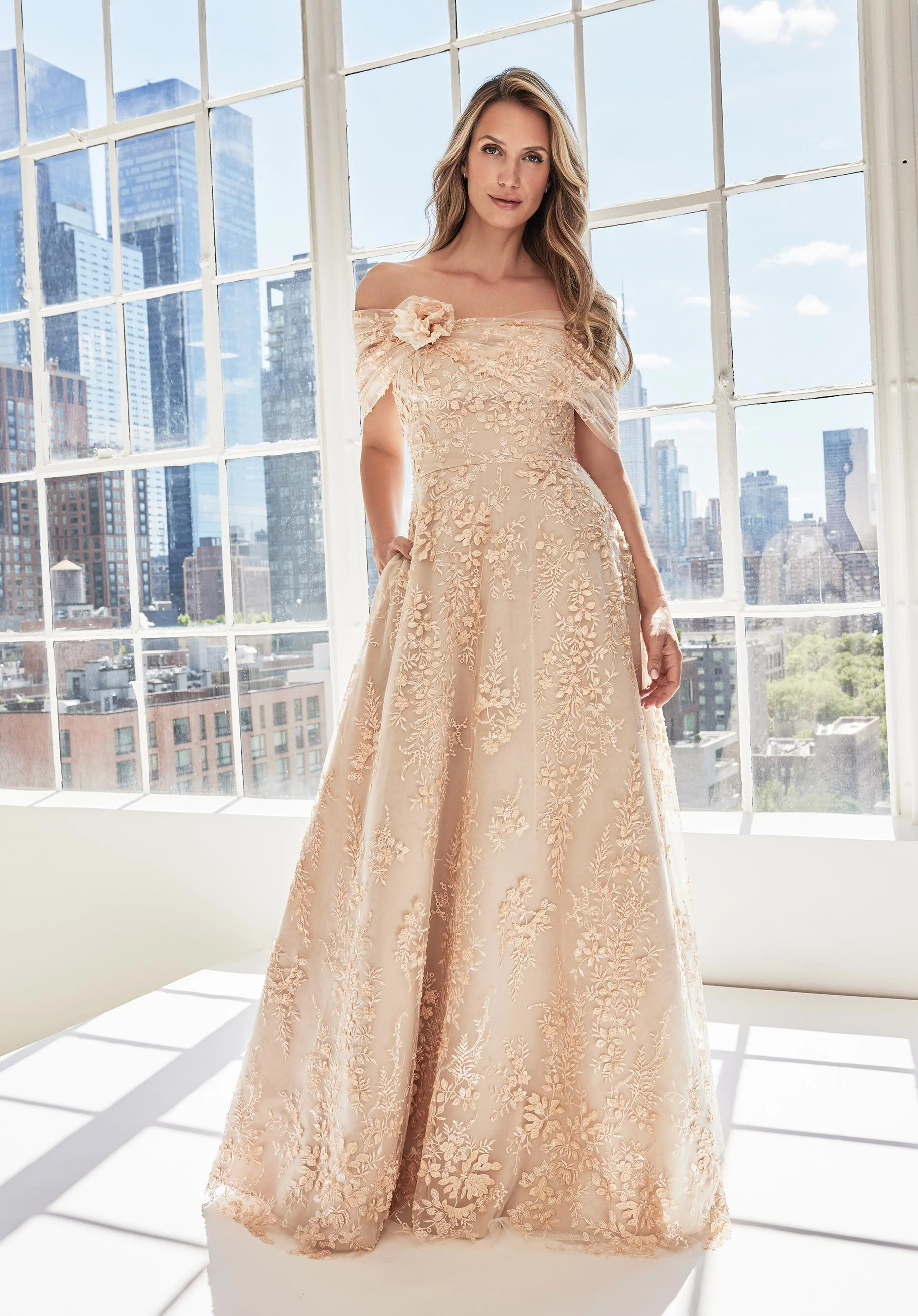 Three Dimensional Floral A-Line Evening Gown with Shawl - Image 6