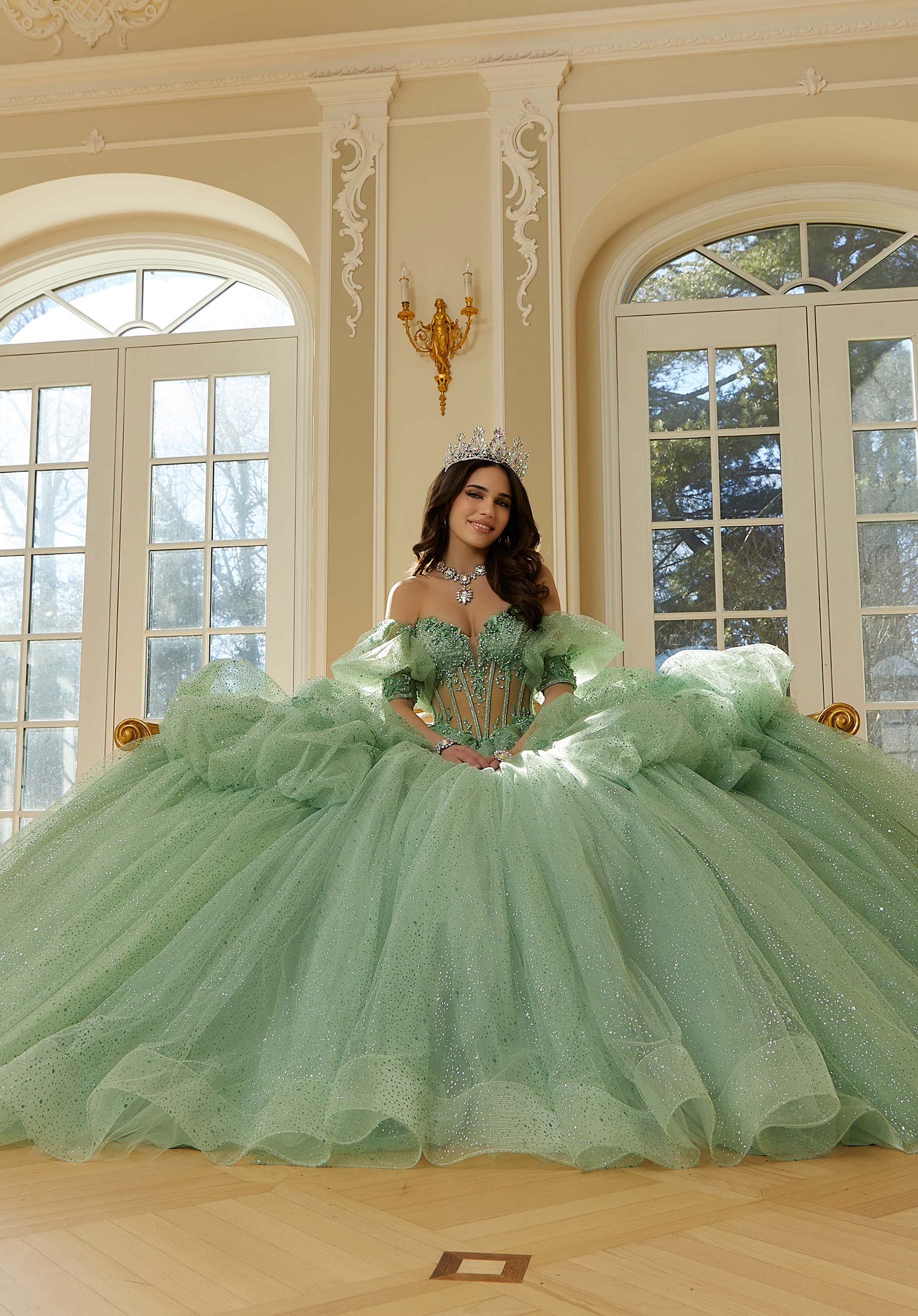 Three-Dimensional Floral Metallic Embroidered Quinceañera Dress with Waterfall Back Skirt - Image 5