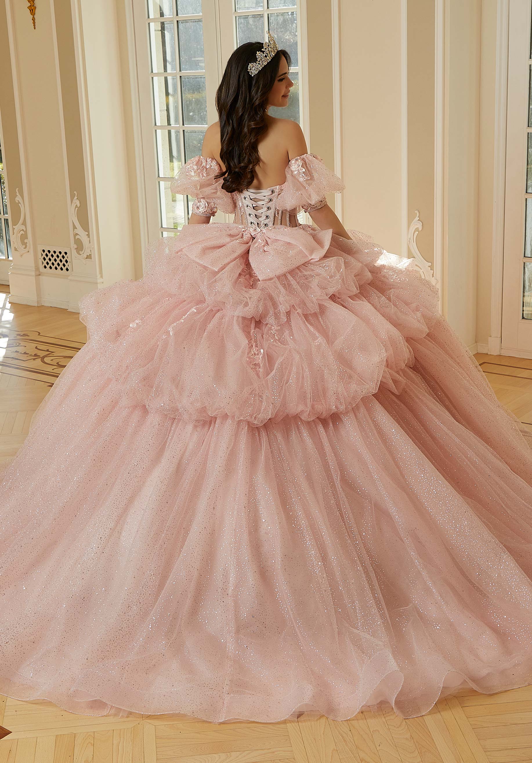 Three-Dimensional Floral Metallic Embroidered Quinceañera Dress with Waterfall Back Skirt - Image 7