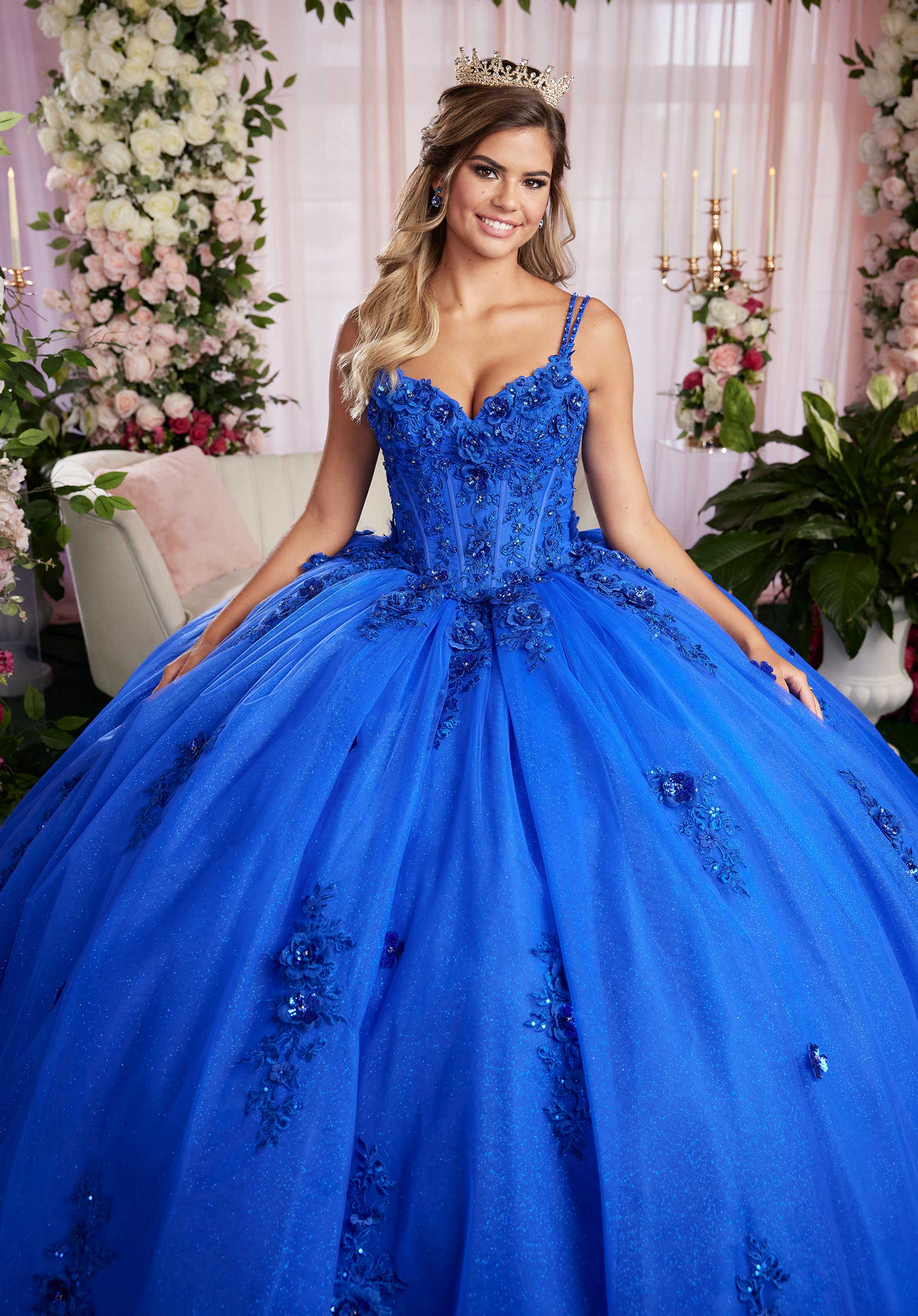 Three Dimensional Sequin Floral Quinceañera Dress with Fly Away Pouf Sleeves - Image 3