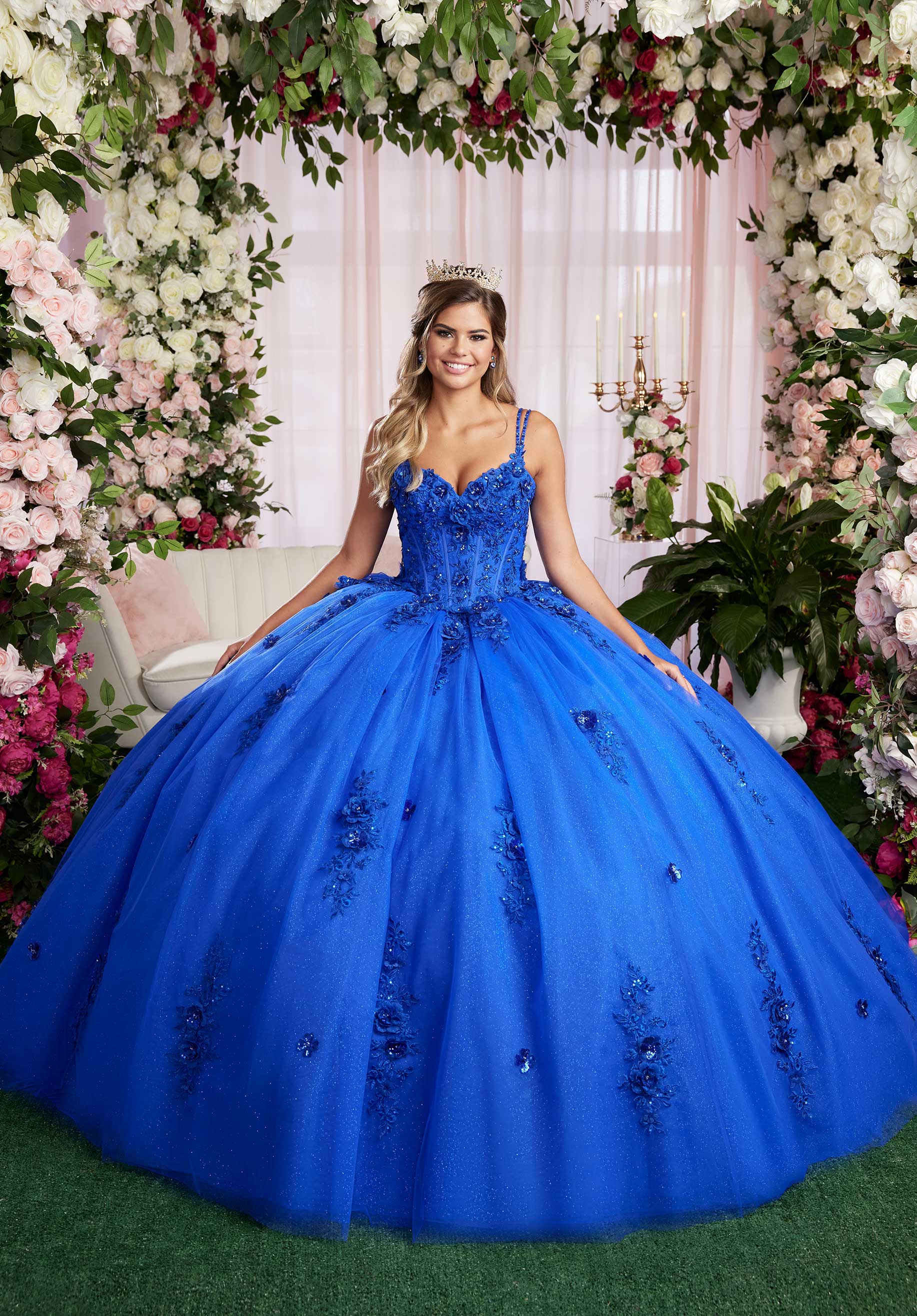 Three Dimensional Sequin Floral Quinceañera Dress with Fly Away Pouf Sleeves - Image 4