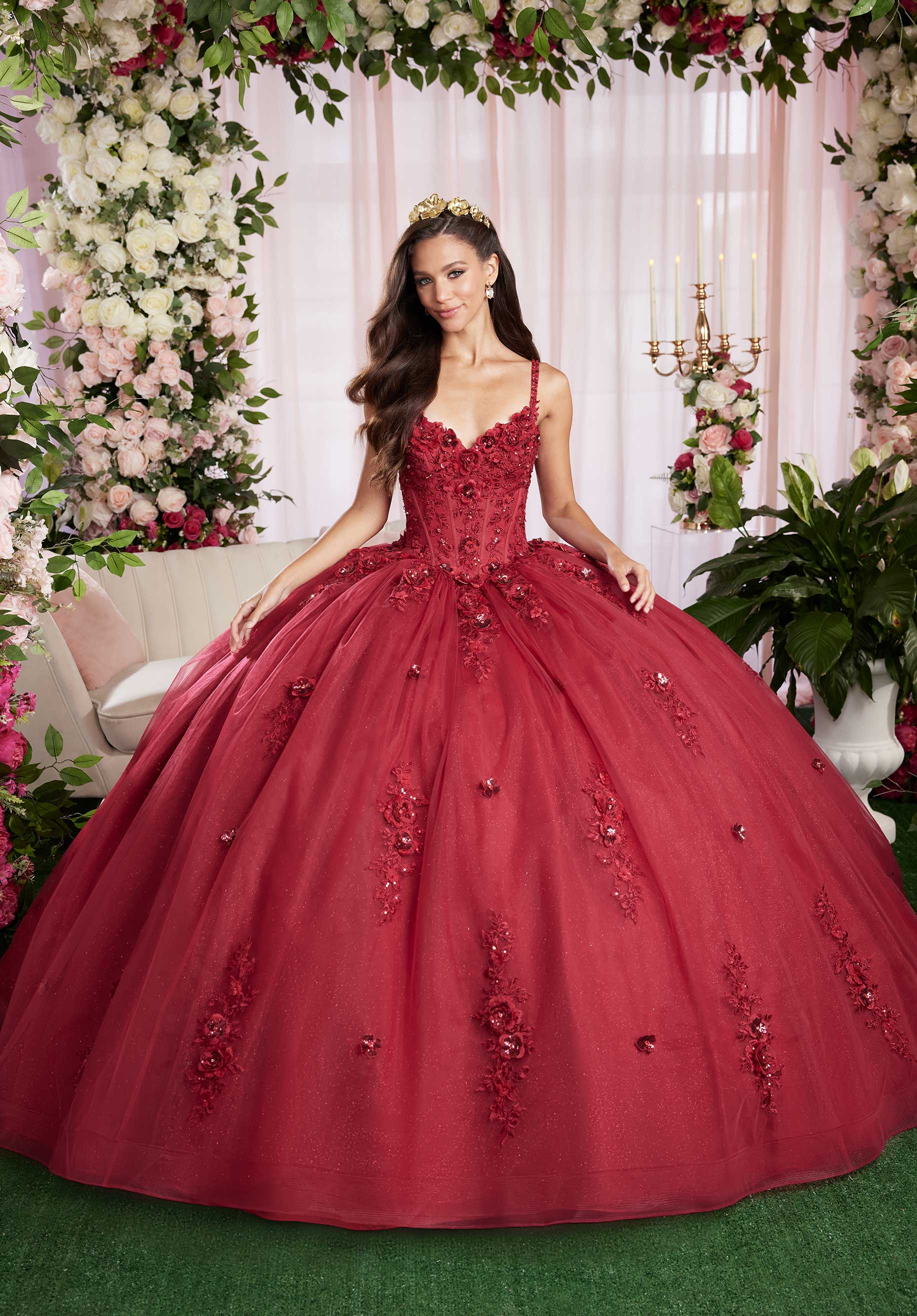 Three Dimensional Sequin Floral Quinceañera Dress with Fly Away Pouf Sleeves - Image 5