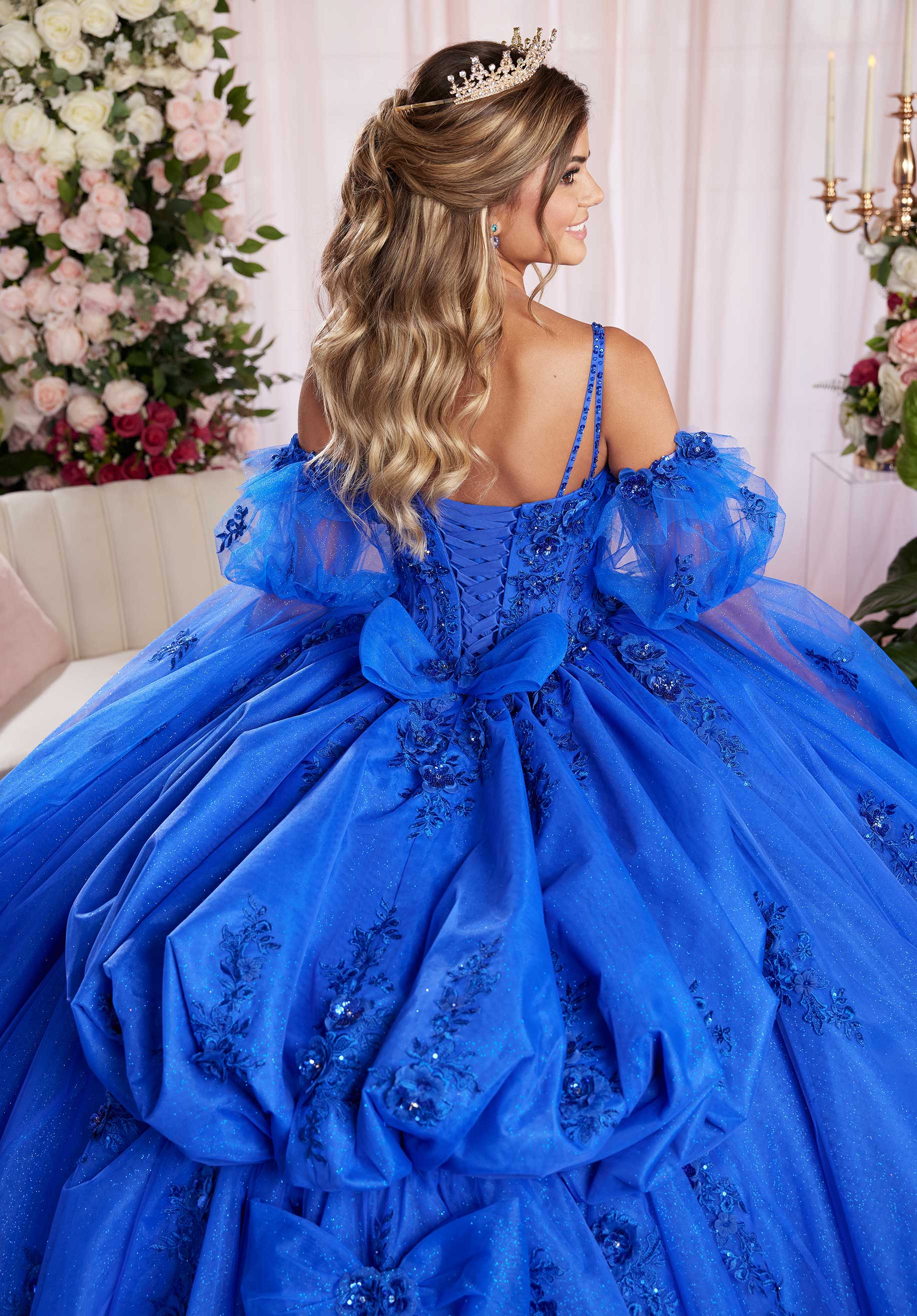 Three Dimensional Sequin Floral Quinceañera Dress with Fly Away Pouf Sleeves - Image 8