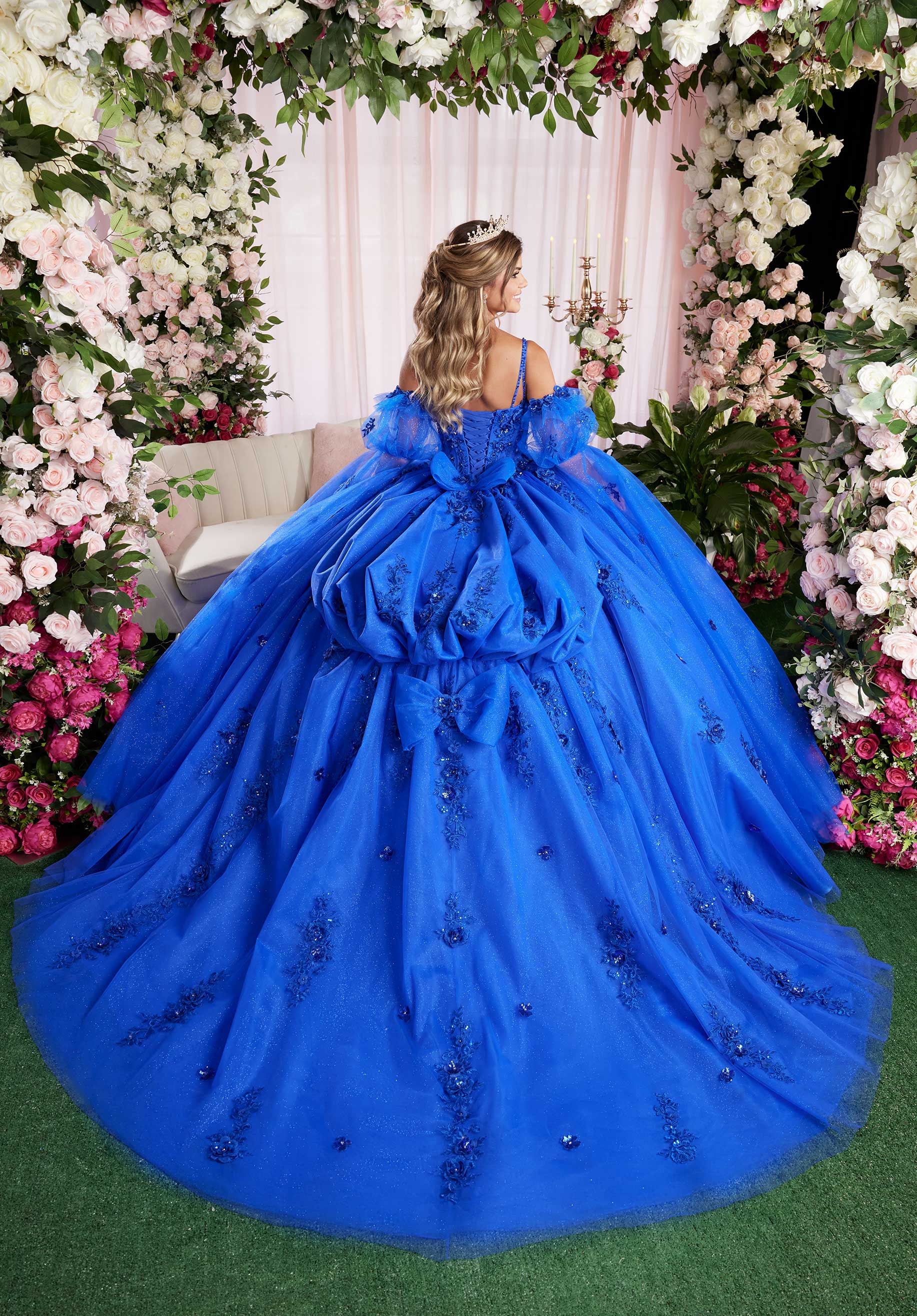 Three Dimensional Sequin Floral Quinceañera Dress with Fly Away Pouf Sleeves - Image 9