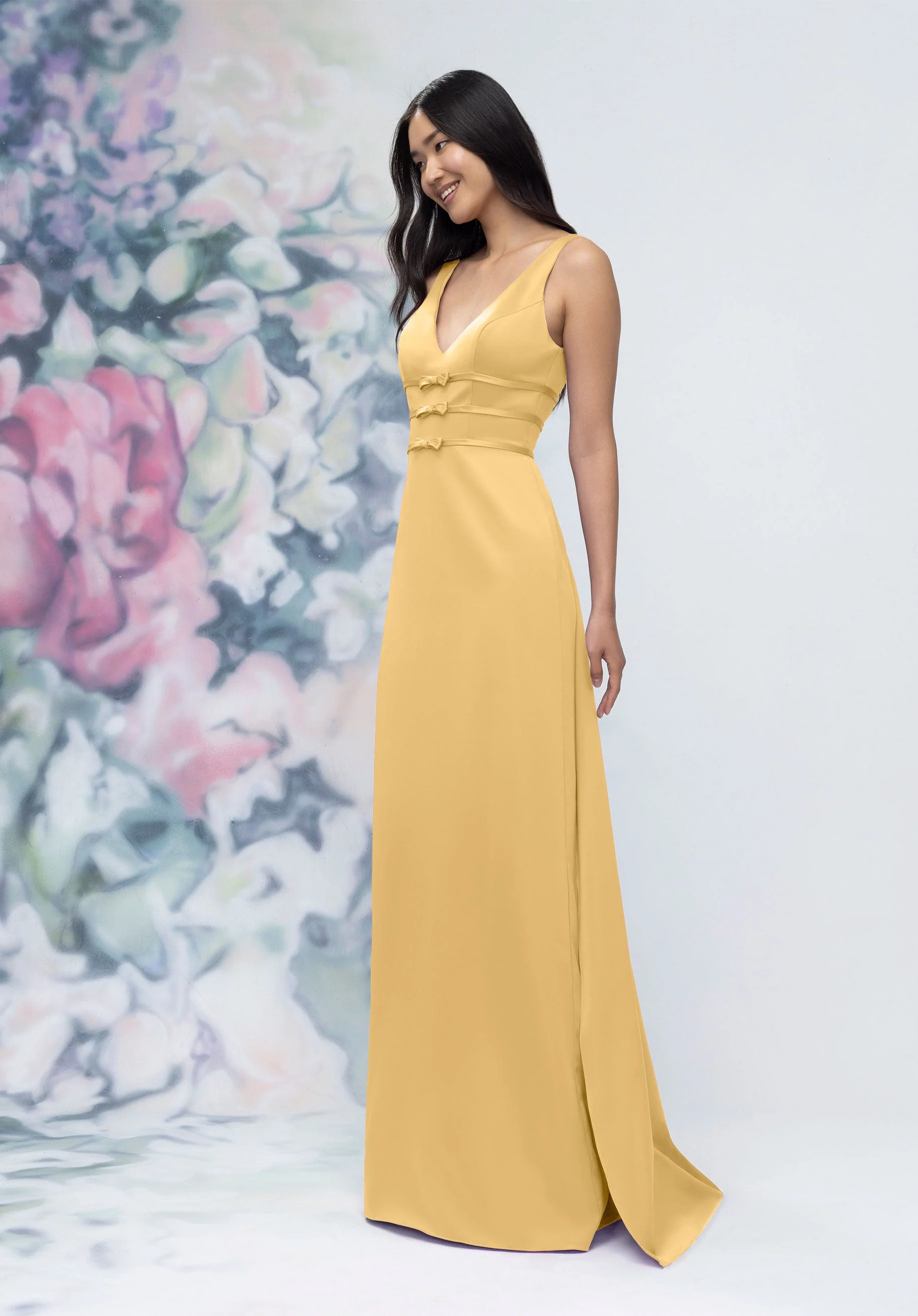 V-Neck Banded Bow Satin Bridesmaid Dress with Detachable Train - Image 13