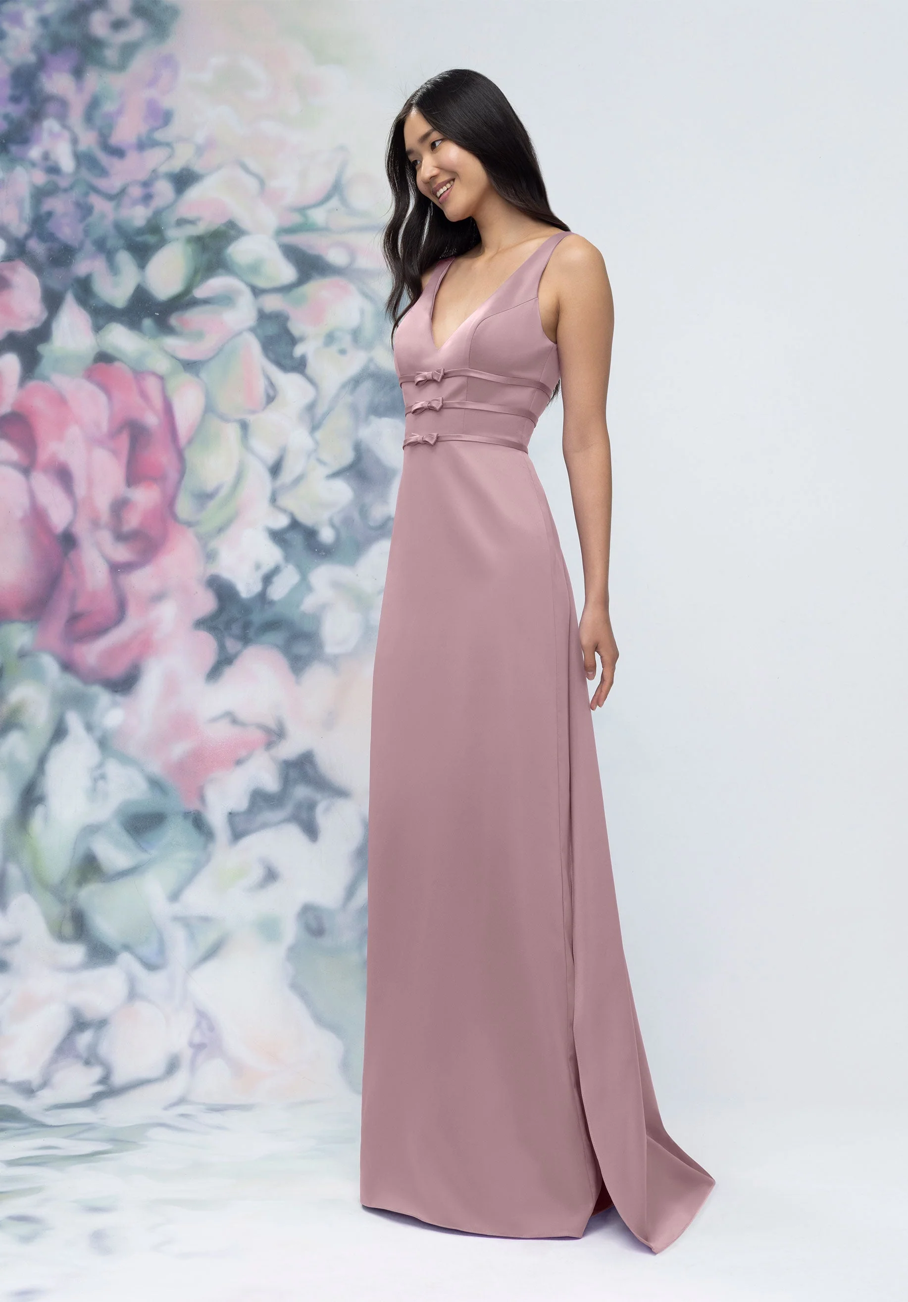 V-Neck Banded Bow Satin Bridesmaid Dress with Detachable Train - Image 29