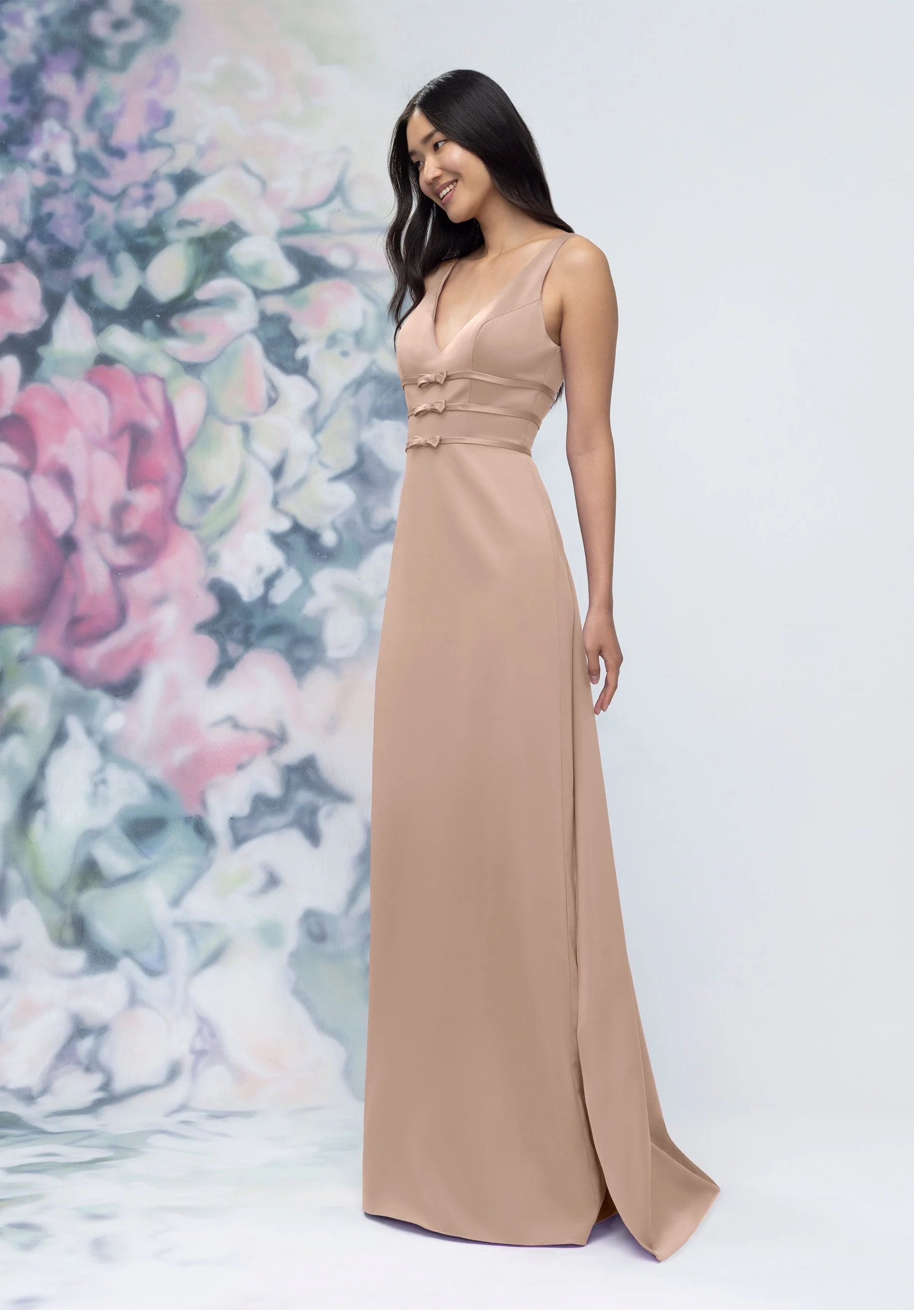 V-Neck Banded Bow Satin Bridesmaid Dress with Detachable Train - Image 31