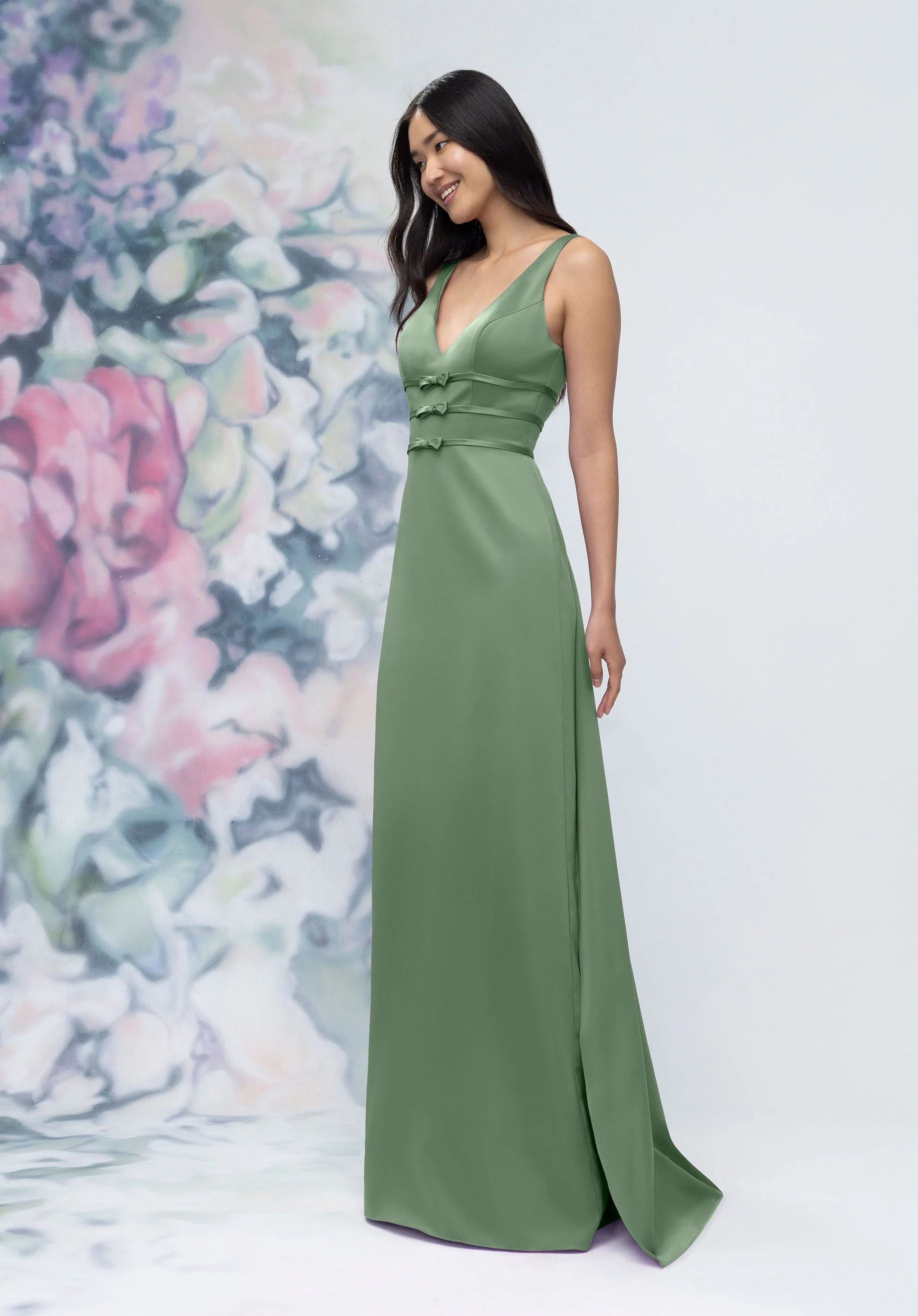 V-Neck Banded Bow Satin Bridesmaid Dress with Detachable Train - Image 34