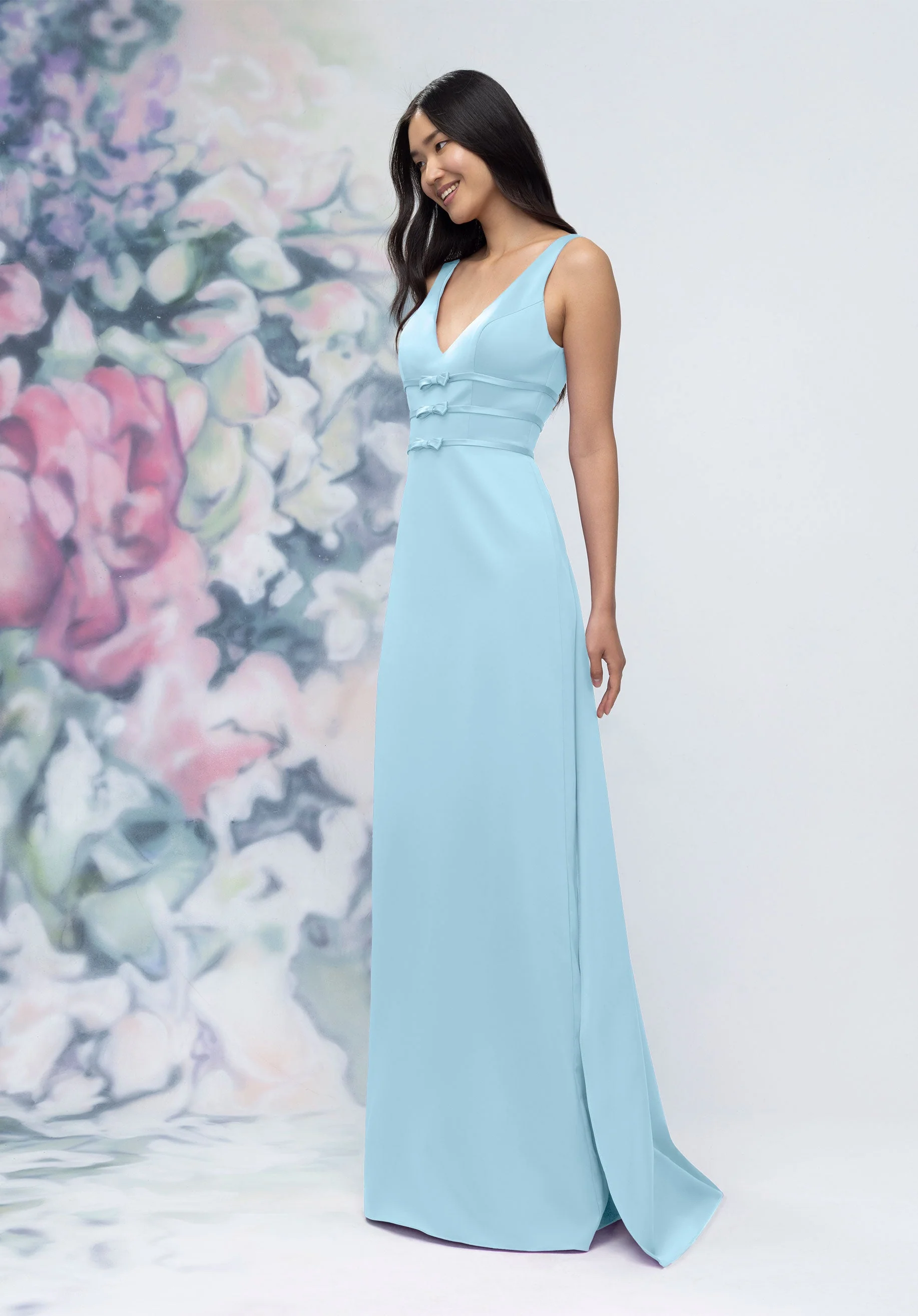 V-Neck Banded Bow Satin Bridesmaid Dress with Detachable Train - Image 46