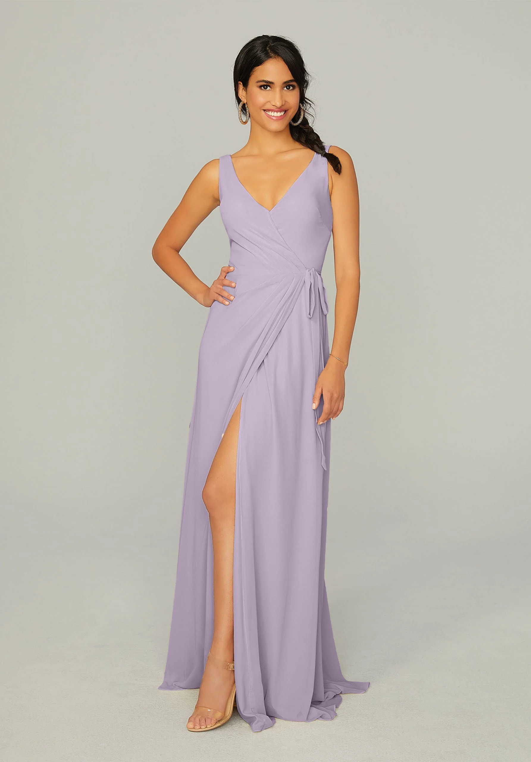 V Neck Chiffon Bridesmaid Dress with Front Skirt Slit - Image 33