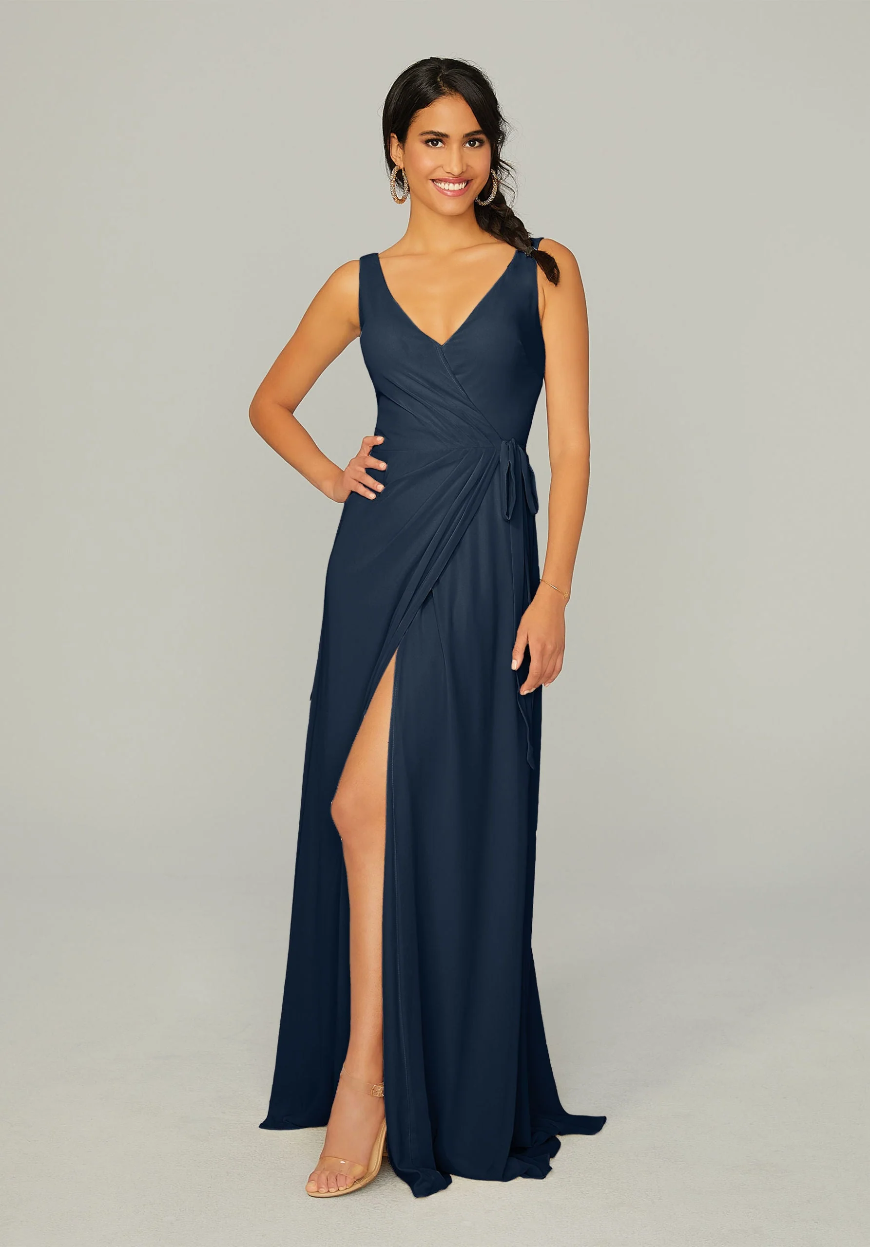 V Neck Chiffon Bridesmaid Dress with Front Skirt Slit - Image 39