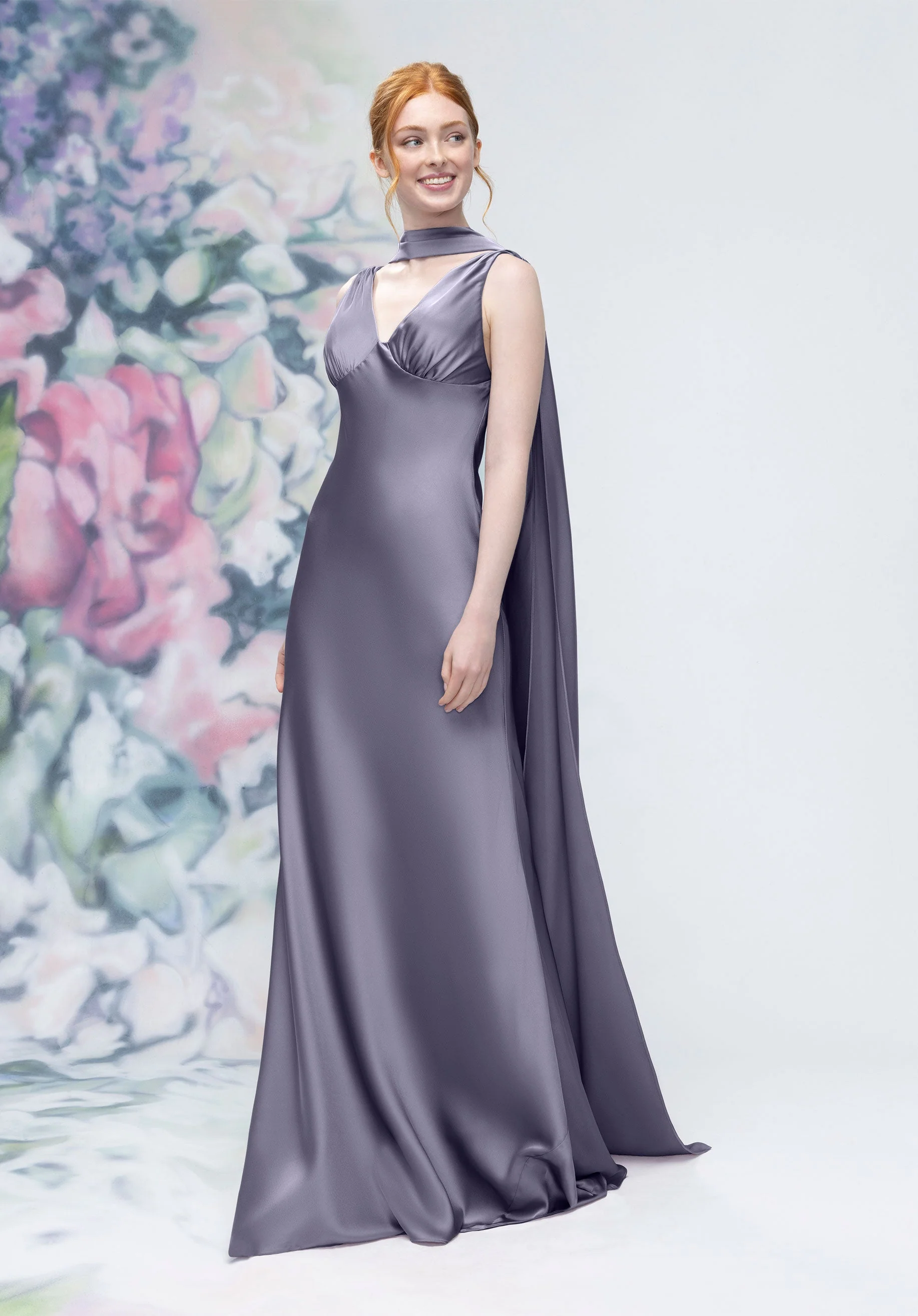 V-Neck Empire Waist Open Back Bridesmaid Dress with Neck Scarf - Image 10